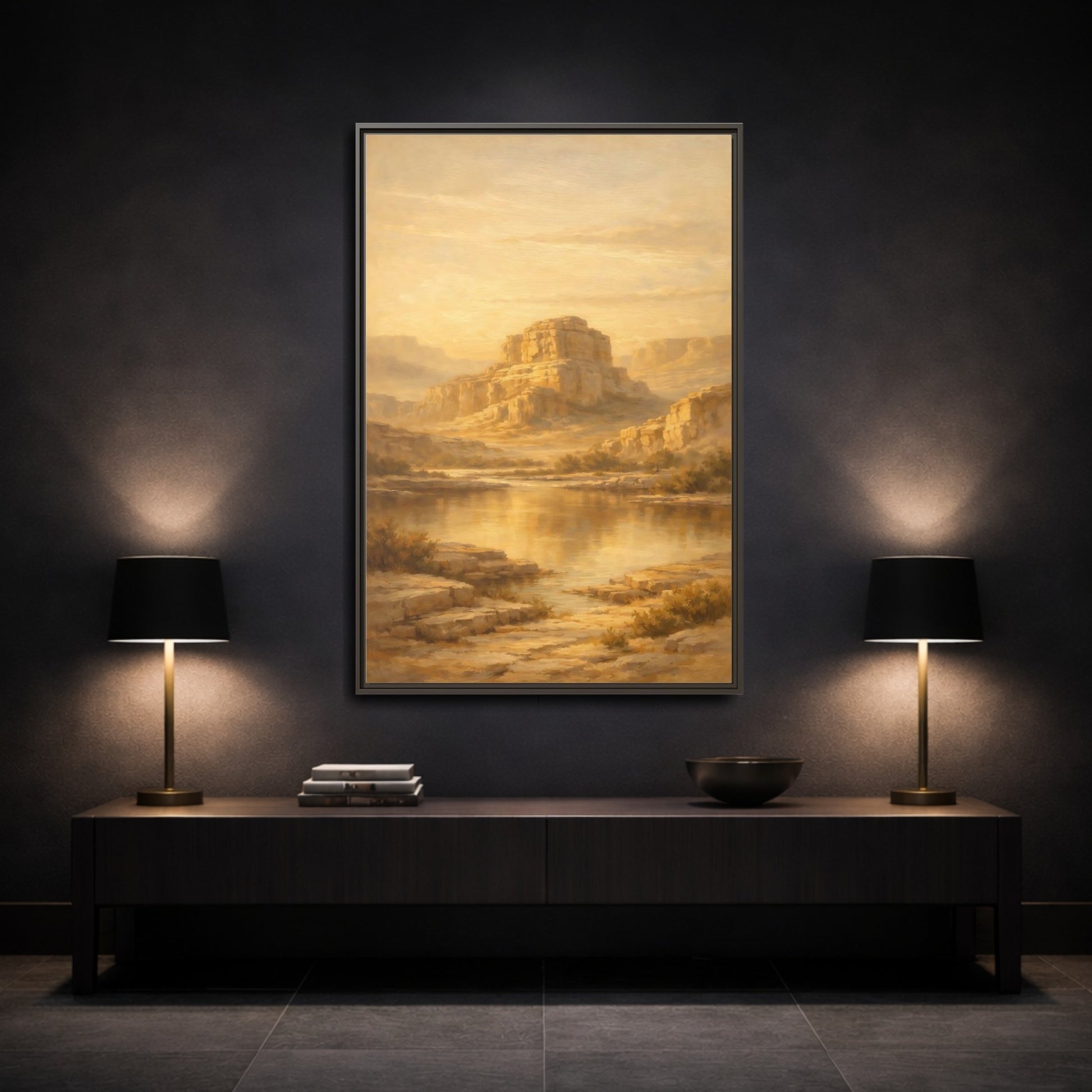 Mockup 2. Nature Desert Mountain Golden Desert shown as stretched canvas wall art