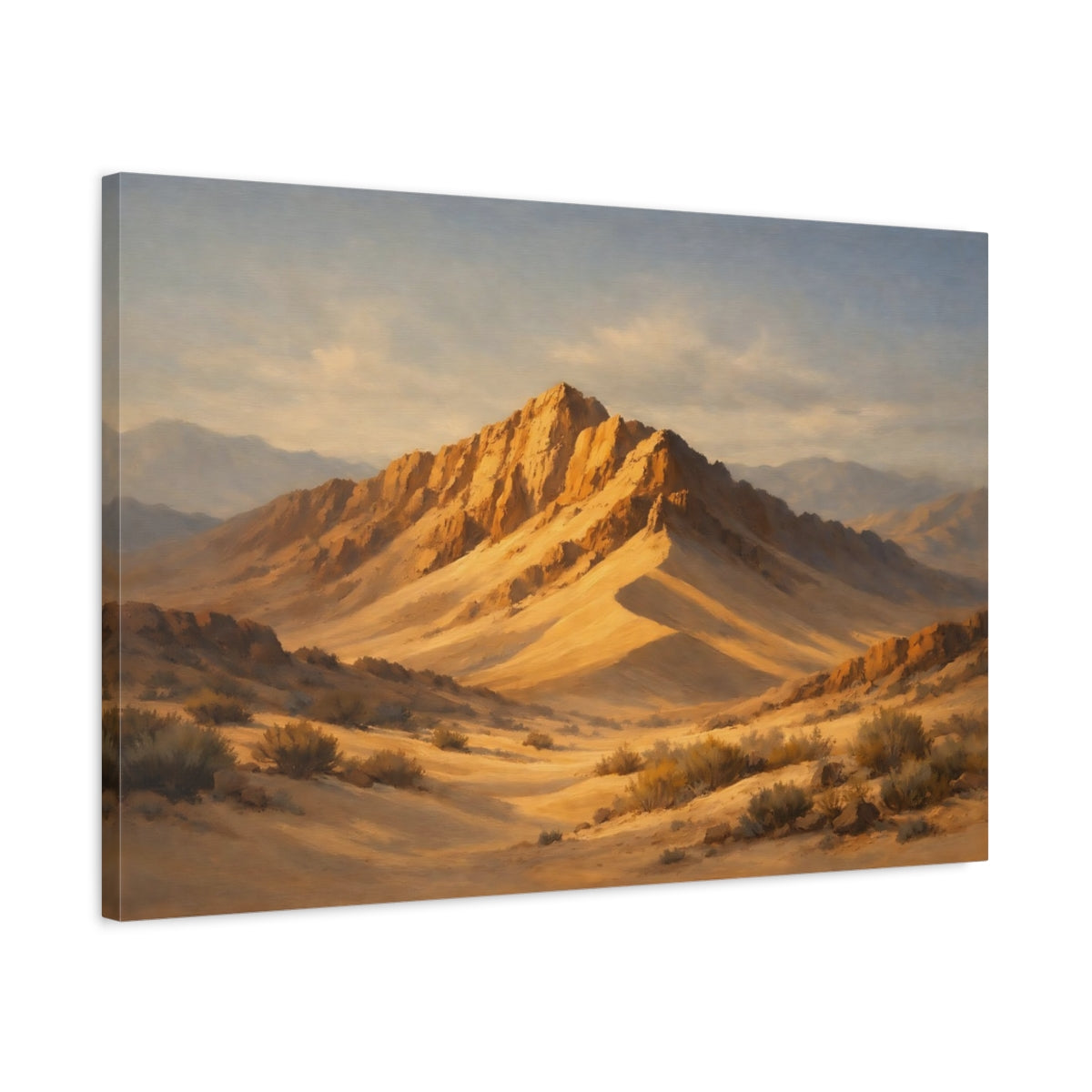 Side Mockup 2. Nature Desert Mountains Golden Mountains shown as stretched canvas wall art