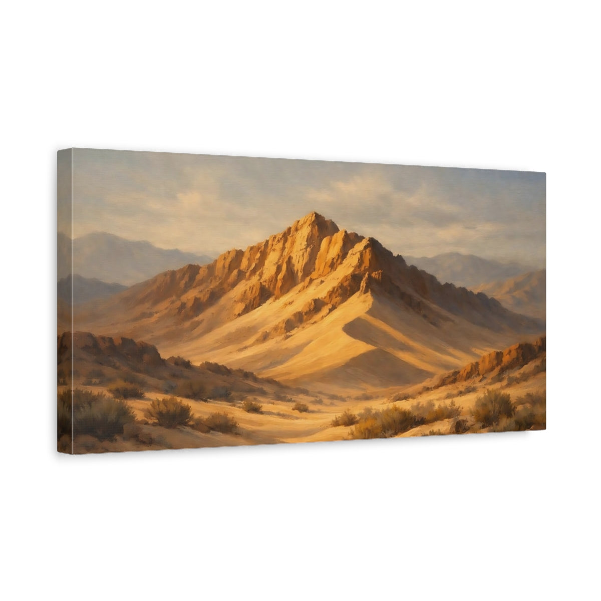 Side Mockup 3. Nature Desert Mountains Golden Desert Mountains shown as stretched canvas wall art