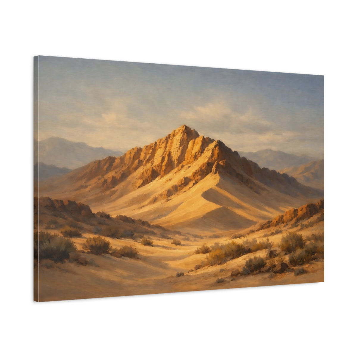 Side Mockup 1. Nature Desert Mountains Golden Mountains shown as stretched canvas wall art