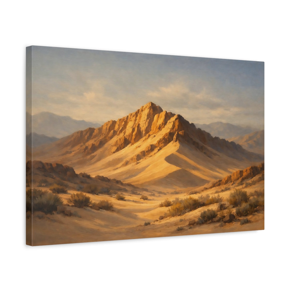 Side Mockup 3. Nature Desert Mountains Golden Mountains shown as stretched canvas wall art