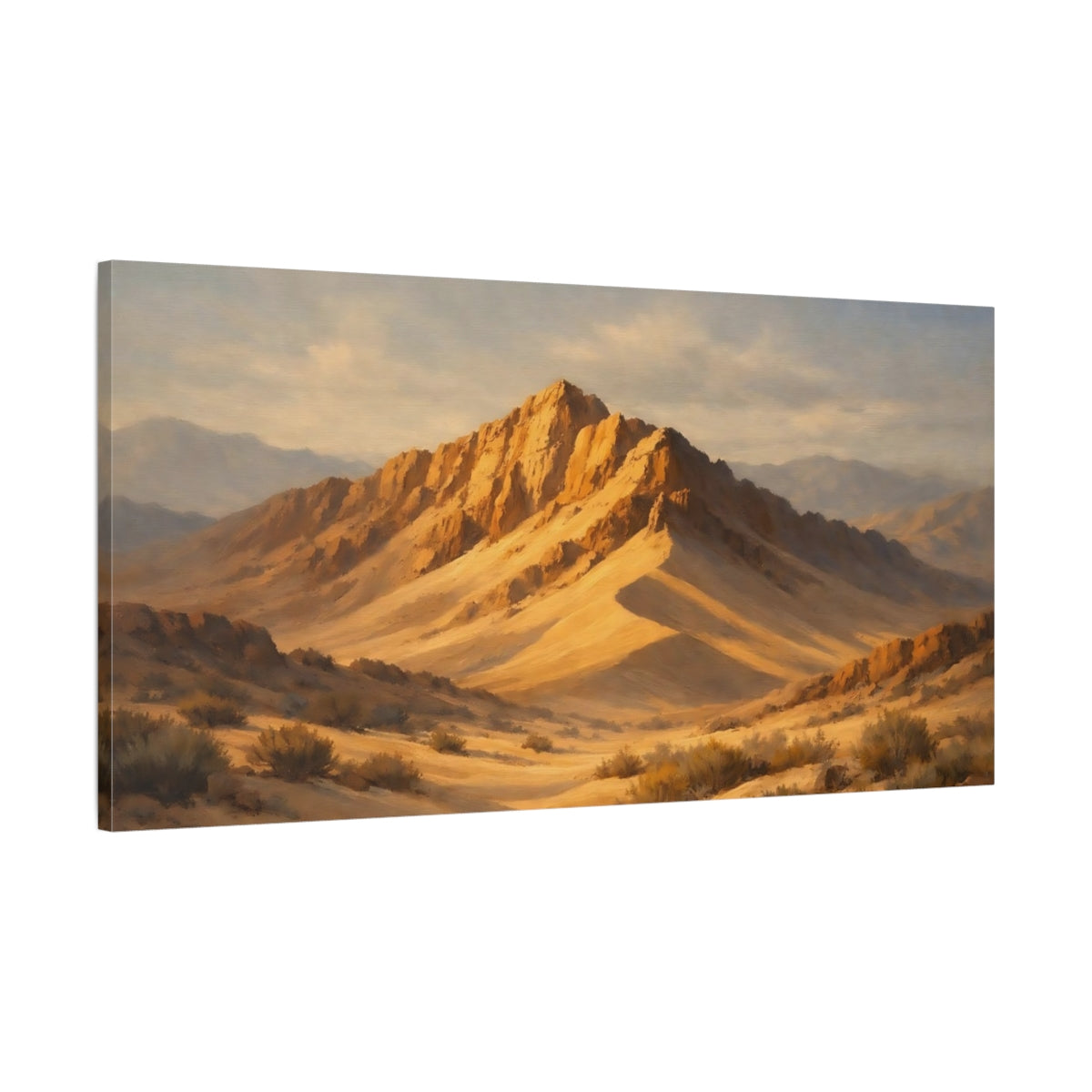 Side Mockup 1. Nature Desert Mountains Golden Desert Mountains shown as stretched canvas wall art