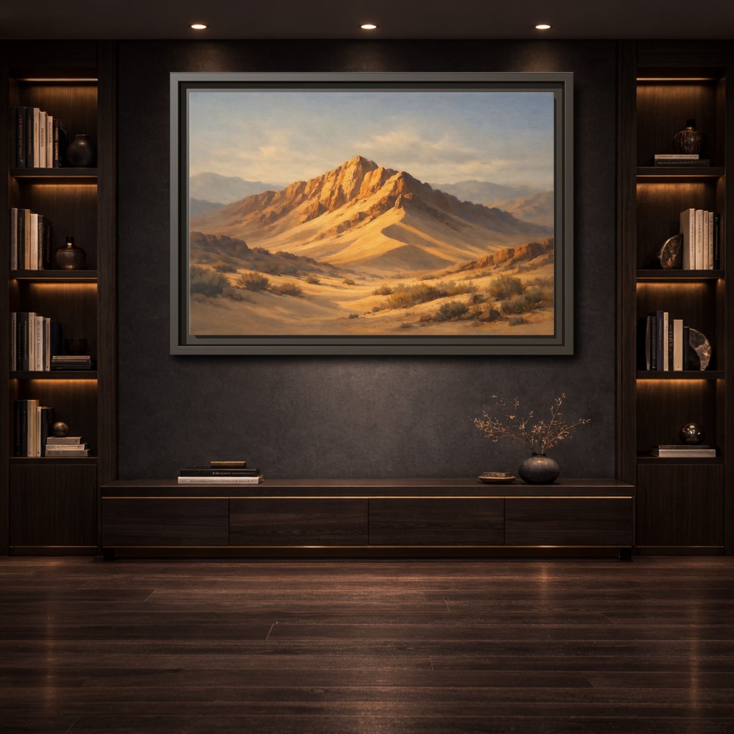 Mockup 3. Nature Desert Mountains Golden Desert Landscape shown as stretched canvas wall art