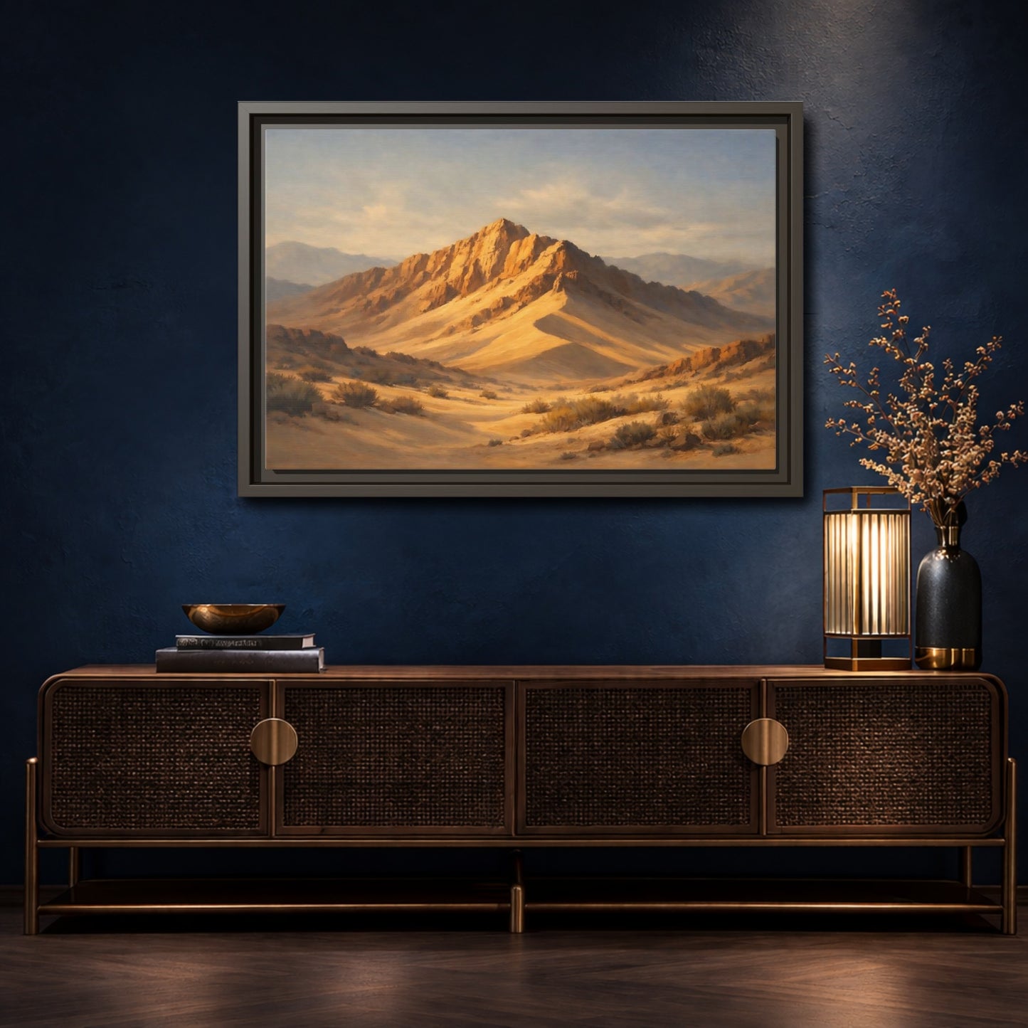 Mockup 4. Nature Desert Mountains Golden Desert Landscape shown as stretched canvas wall art