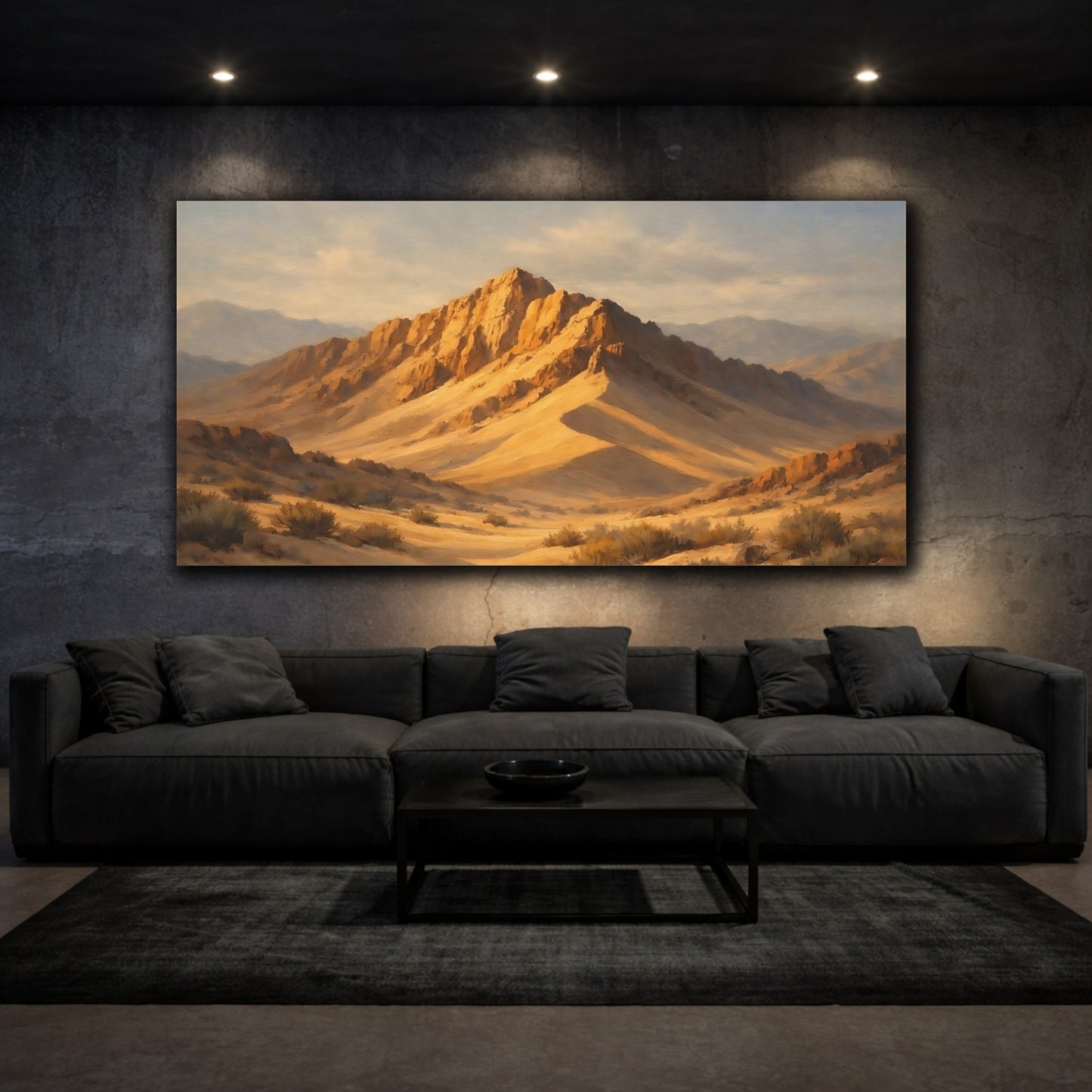 Mockup 2. Nature Desert Mountains Golden Desert Mountains shown as stretched canvas wall art