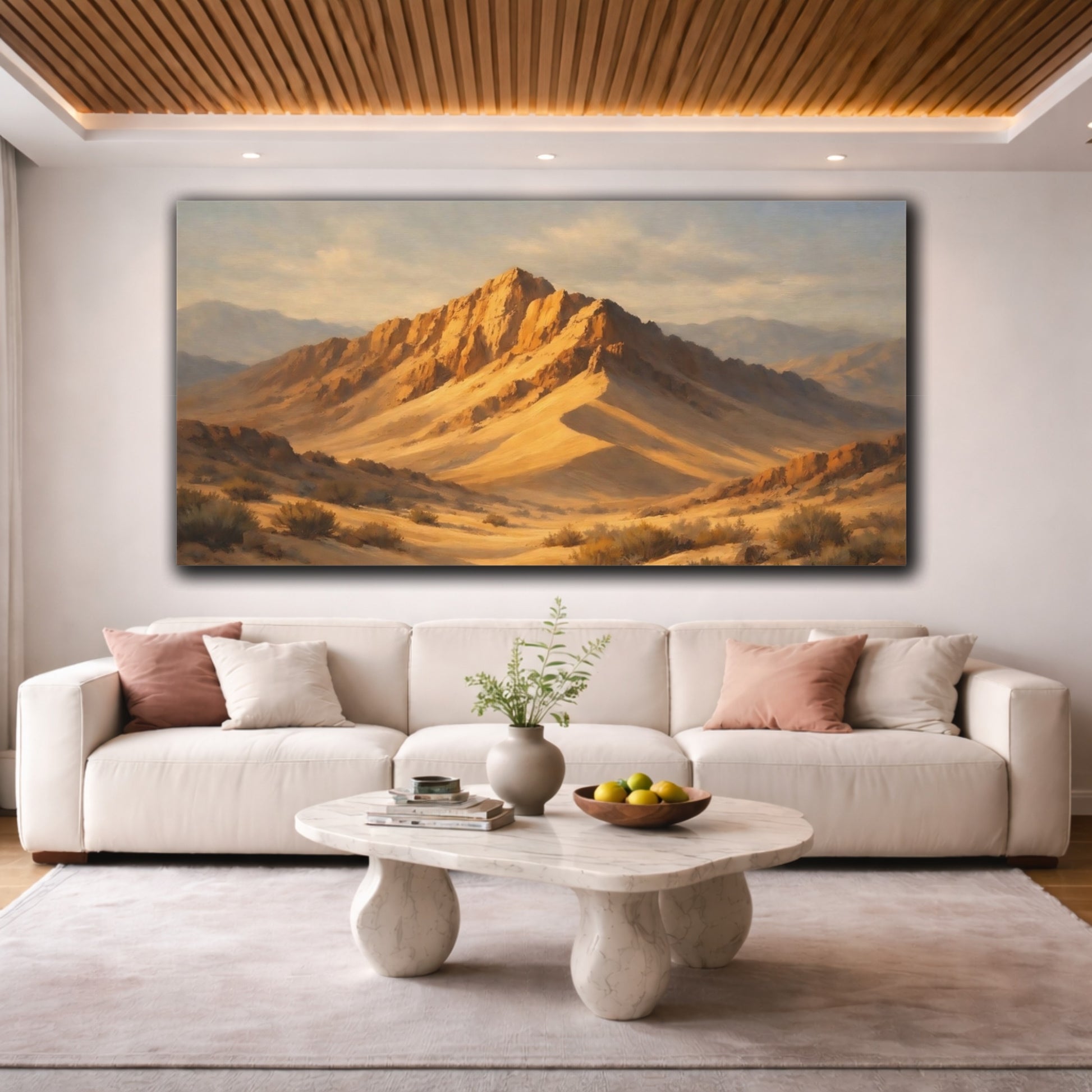 Mockup 3. Nature Desert Mountains Golden Desert Mountains shown as stretched canvas wall art