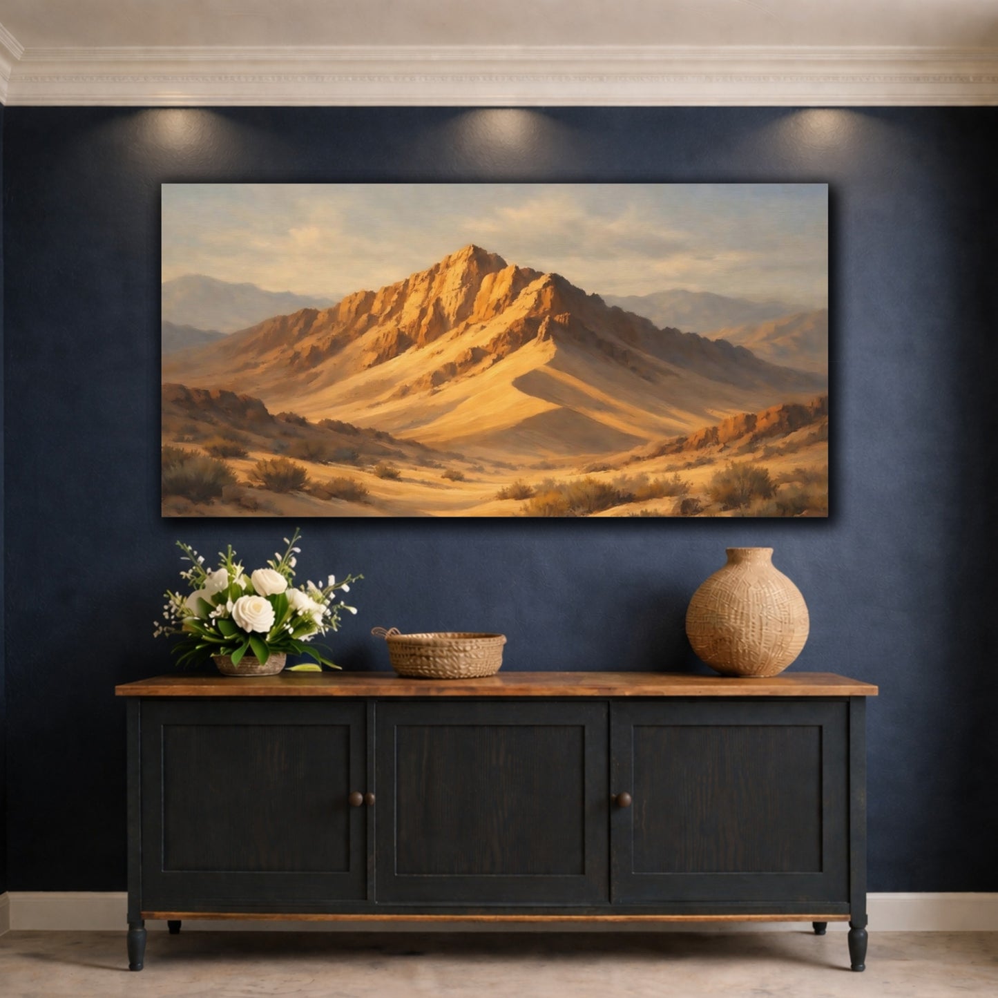 Mockup 4. Nature Desert Mountains Golden Desert Mountains shown as stretched canvas wall art