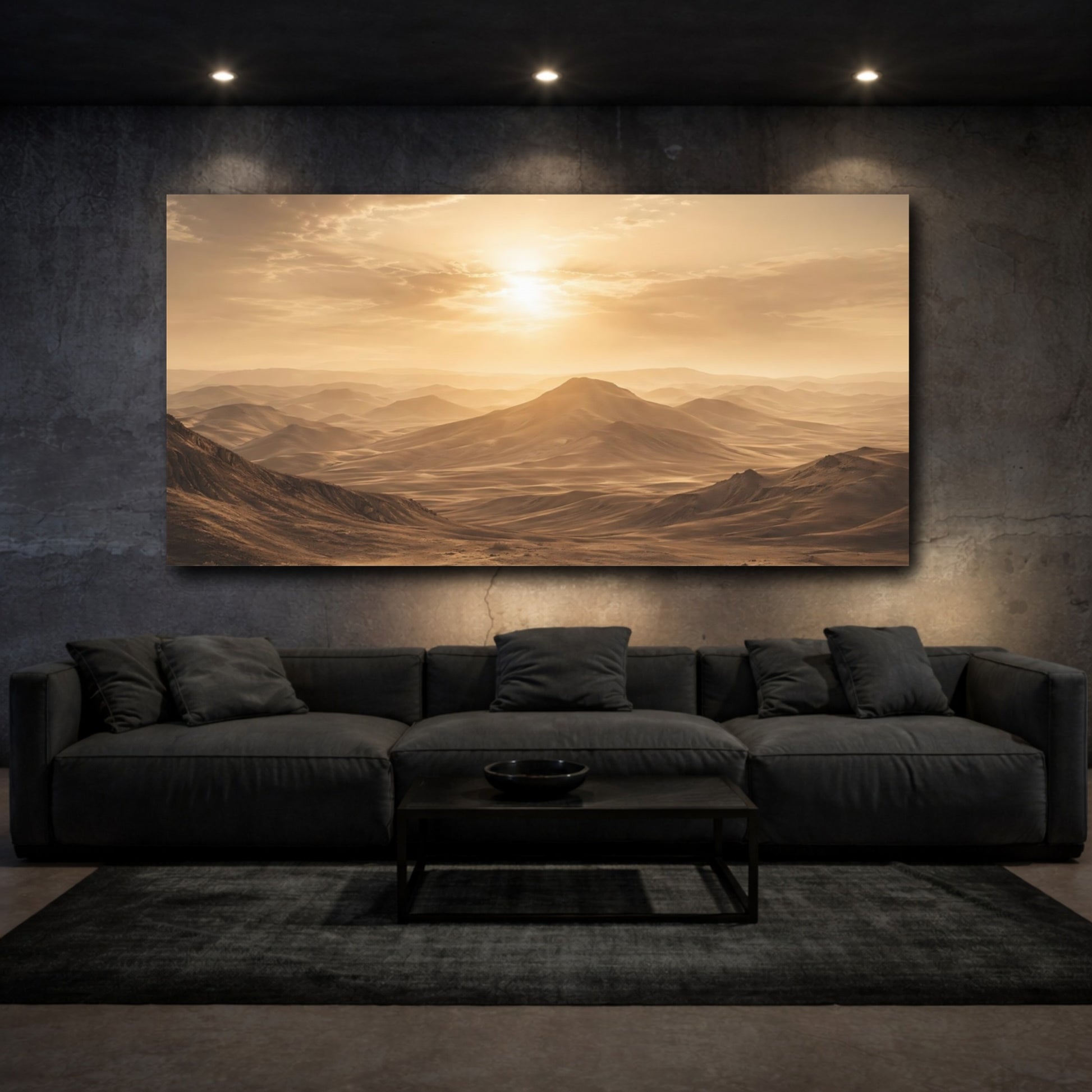 Mockup 2. Nature Desert Mountains Golden Desert shown as stretched canvas wall art