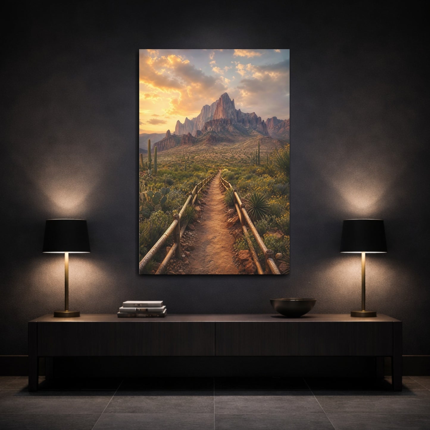 Mockup 3. Nature Desert Mountains Golden Desert shown as stretched canvas wall art