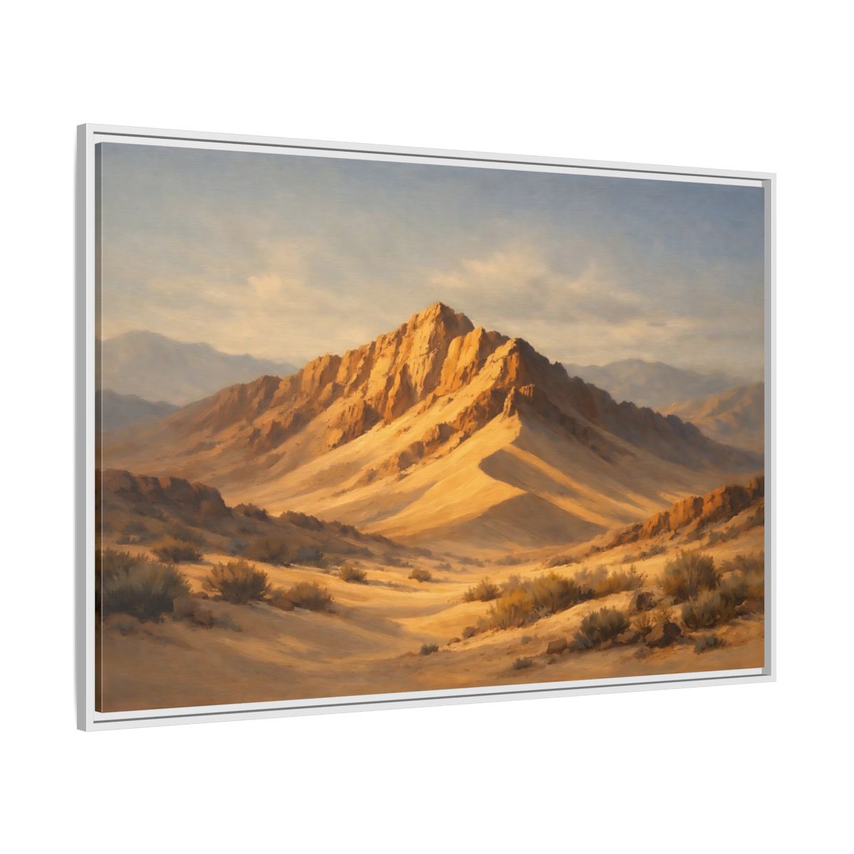 Side Mockup 7. Nature Desert Mountains Golden Desert Landscape shown as stretched canvas wall art