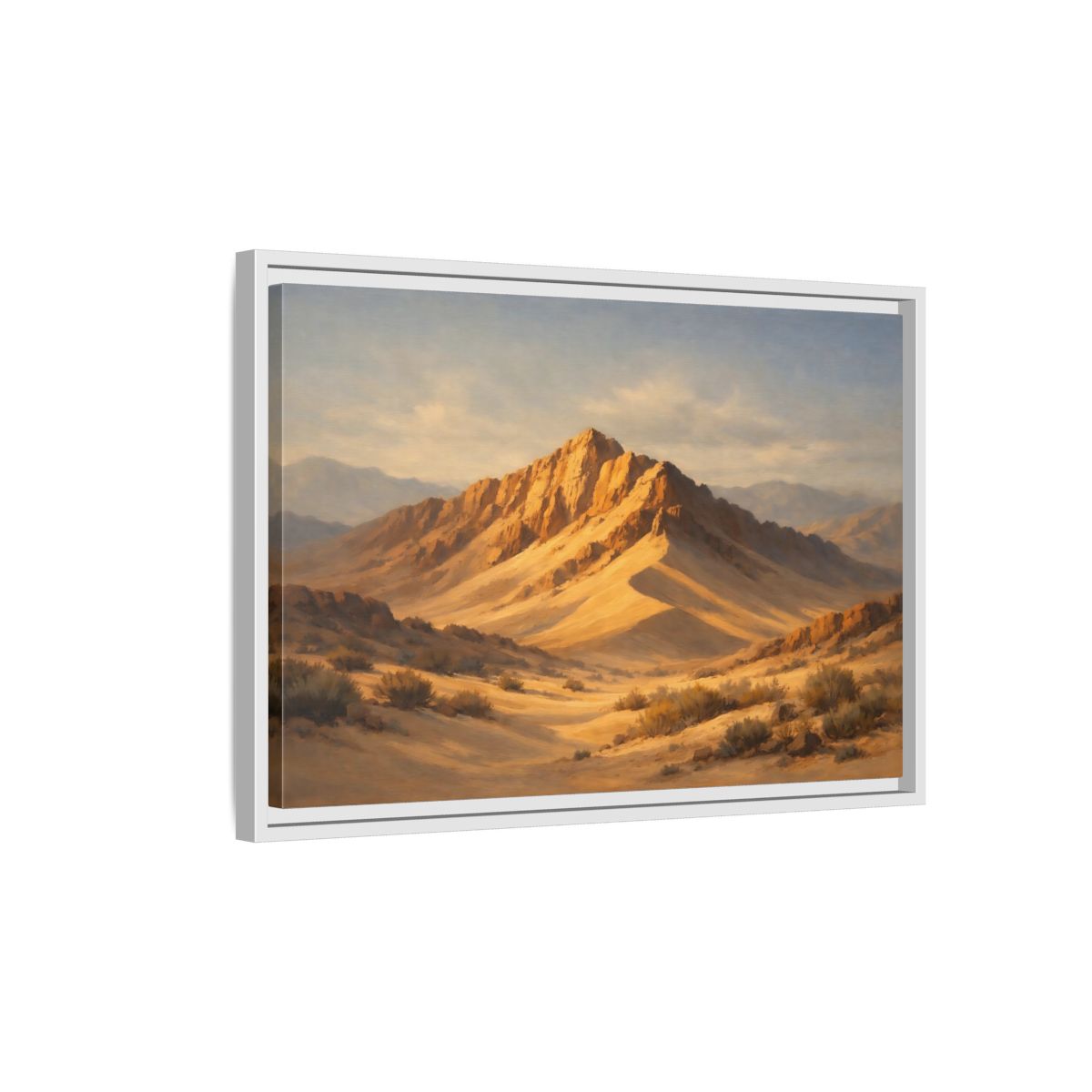 Side Mockup 1. Nature Desert Mountains Golden Desert Landscape shown as stretched canvas wall art