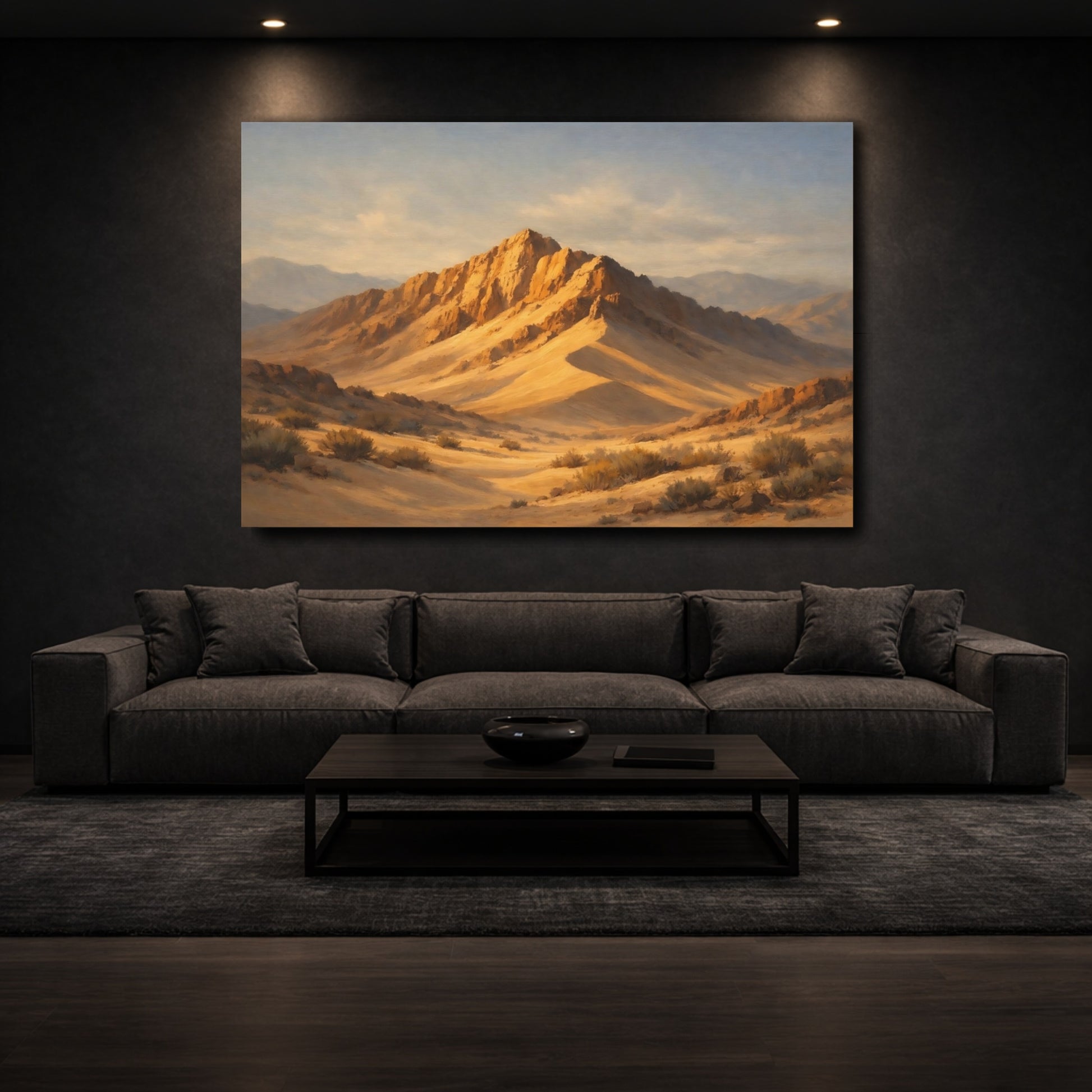 Mockup 2. Nature Desert Mountains Golden Mountains shown as stretched canvas wall art