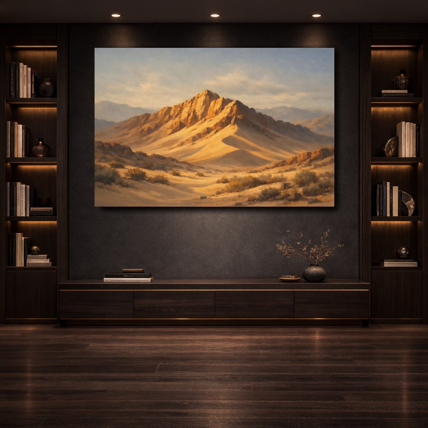 Mockup 3. Nature Desert Mountains Golden Mountains shown as stretched canvas wall art