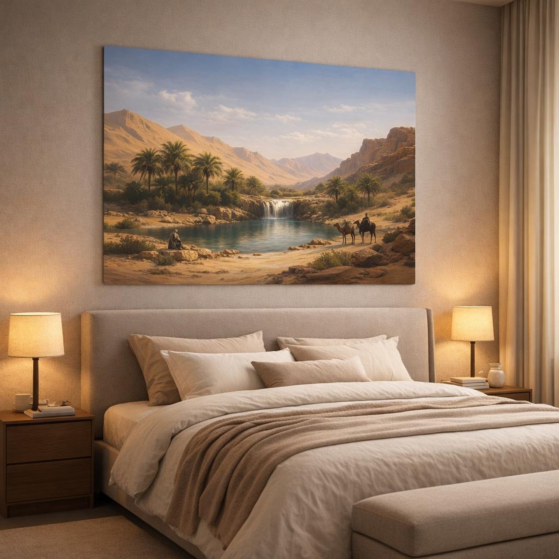 Nature Desert Oasis shown as canvas wall art in a luxury bedroom