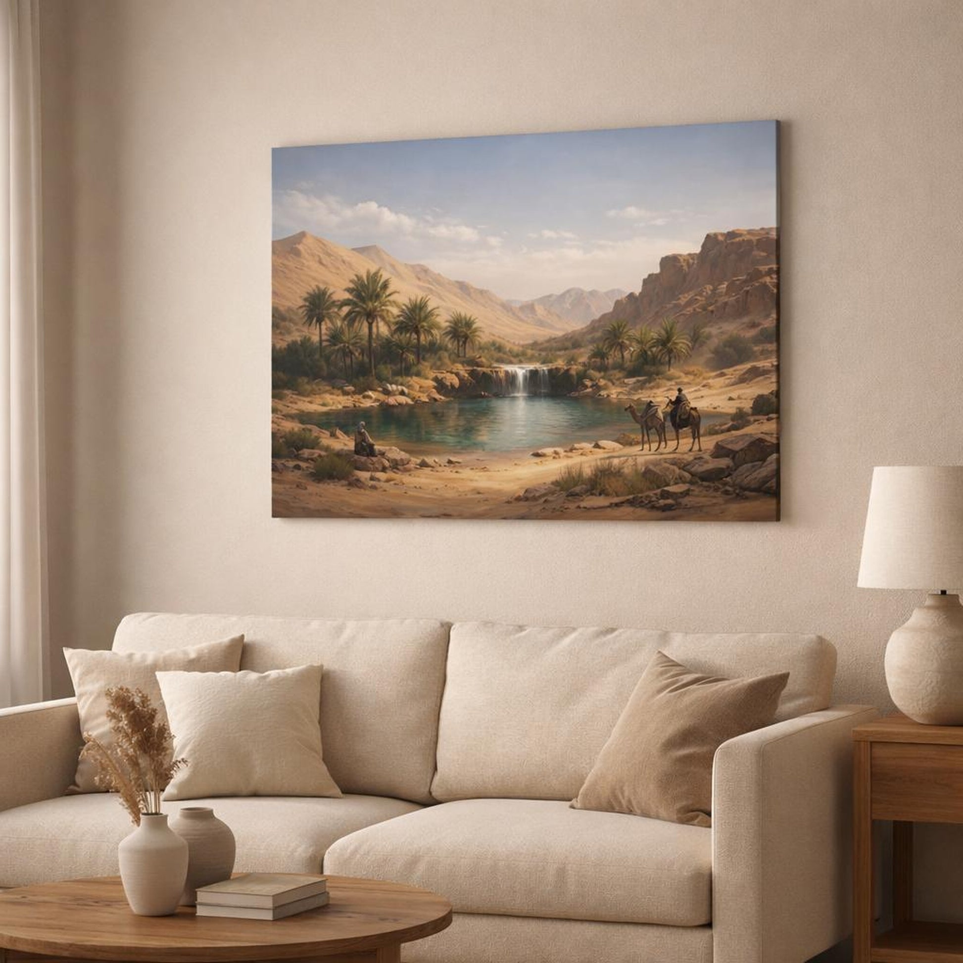 Nature Desert Oasis shown as canvas wall art in a modern living room