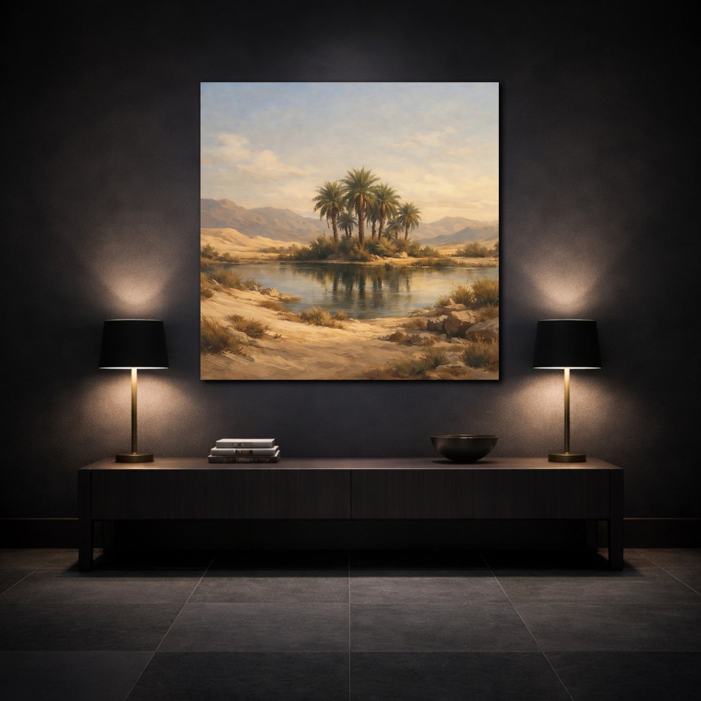 Mockup 3. Nature Desert Oasis Desert Oasis Landscape shown as stretched canvas wall art