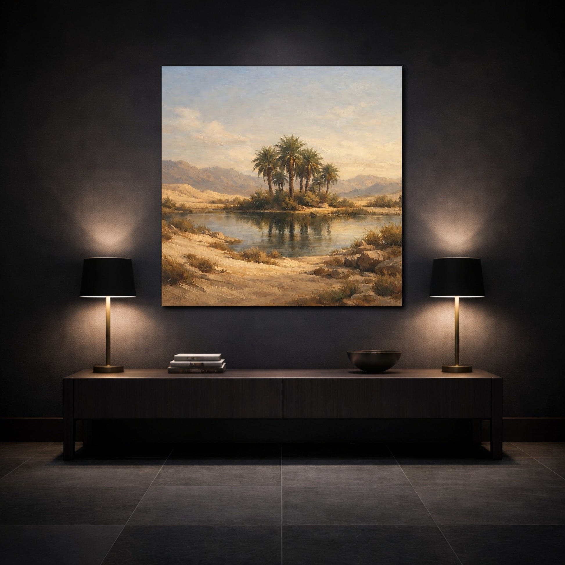 Mockup 3. Nature Desert Oasis Desert Oasis Landscape shown as stretched canvas wall art