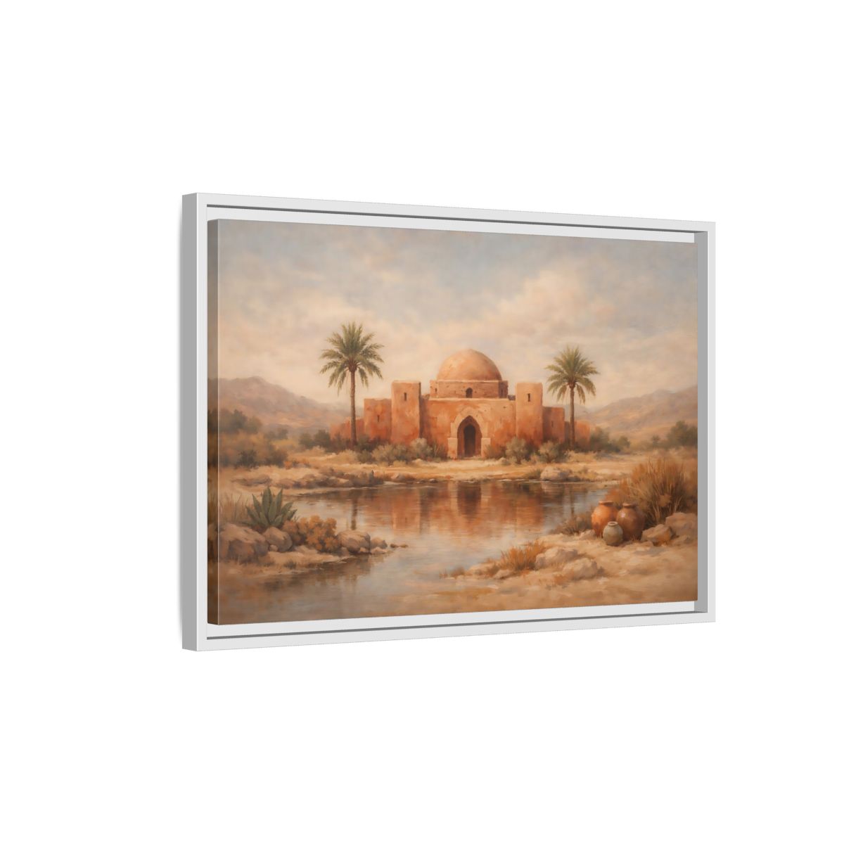Side Mockup 1. Nature Desert Oasis Desert Oasis Landscape shown as stretched canvas wall art