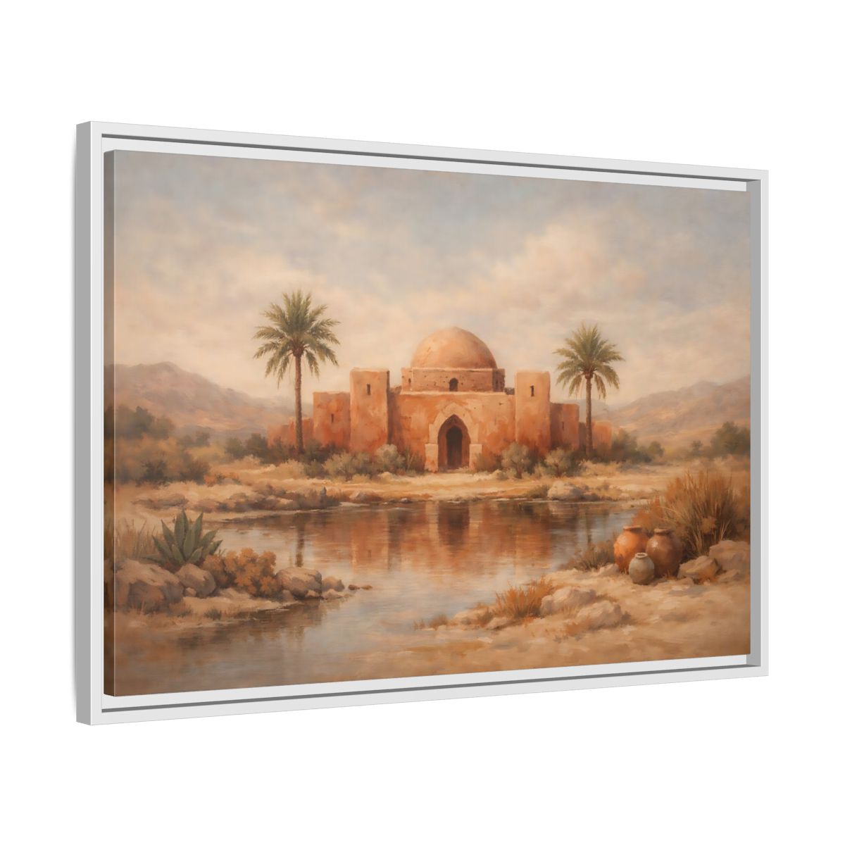 Side Mockup 10. Nature Desert Oasis Desert Oasis Landscape shown as stretched canvas wall art