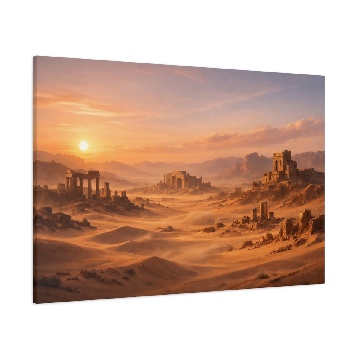 Side Mockup 1. Nature Desert Ruins Orange And Brown shown as stretched canvas wall art