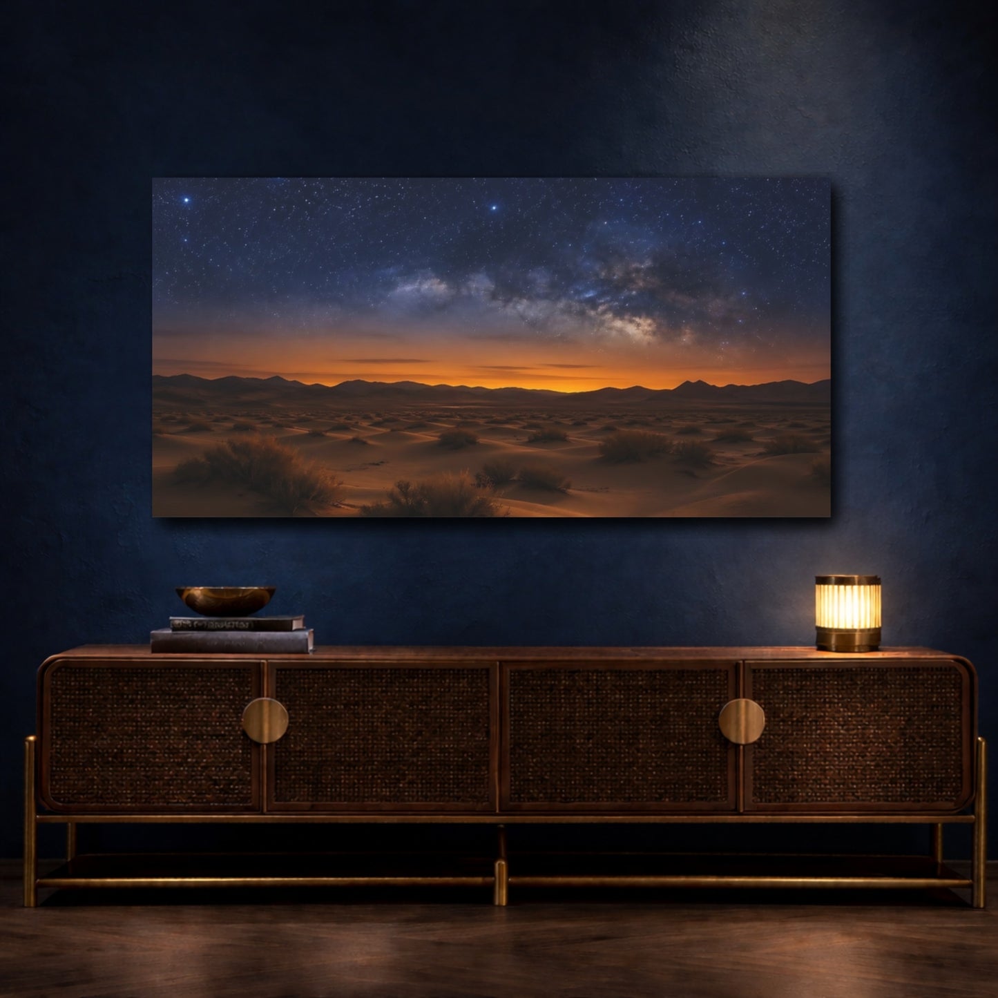 Mockup 4. Nature Desert Sky Orange And Blue Night shown as stretched canvas wall art