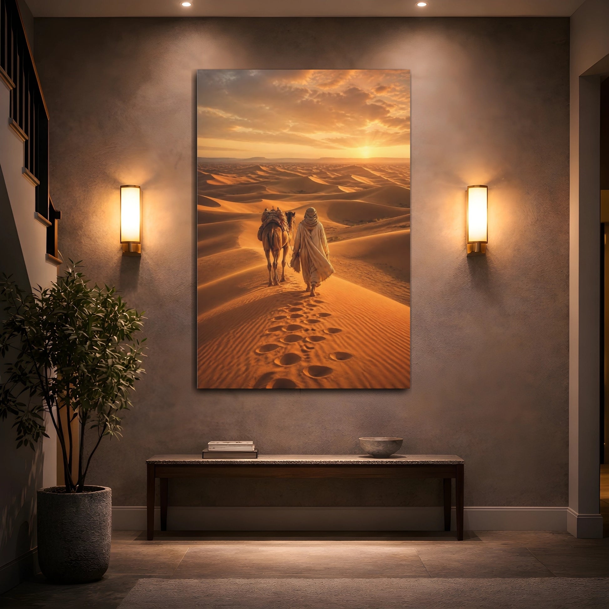 Mockup 2. Nature Desert Traveler Desert Sunset shown as stretched canvas wall art