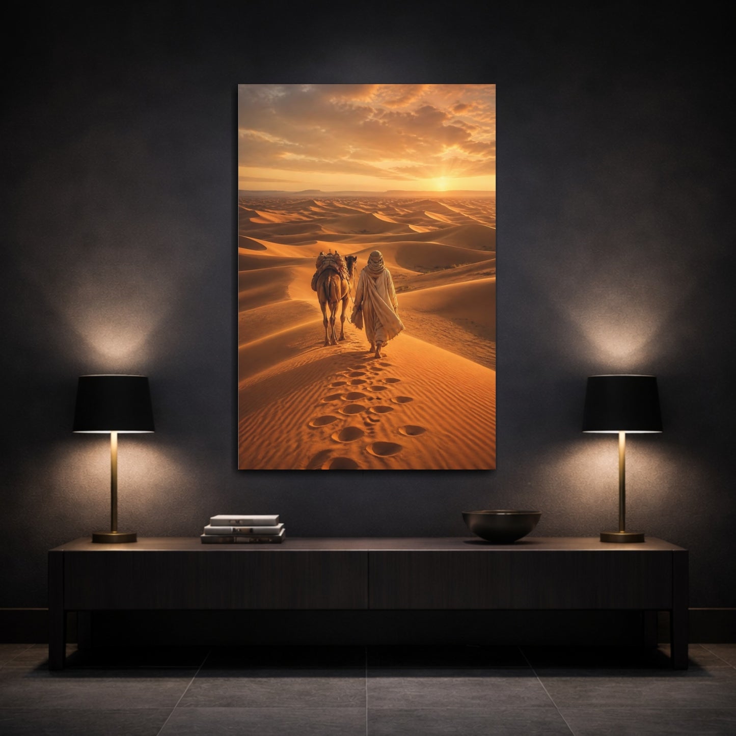 Mockup 3. Nature Desert Traveler Desert Sunset shown as stretched canvas wall art