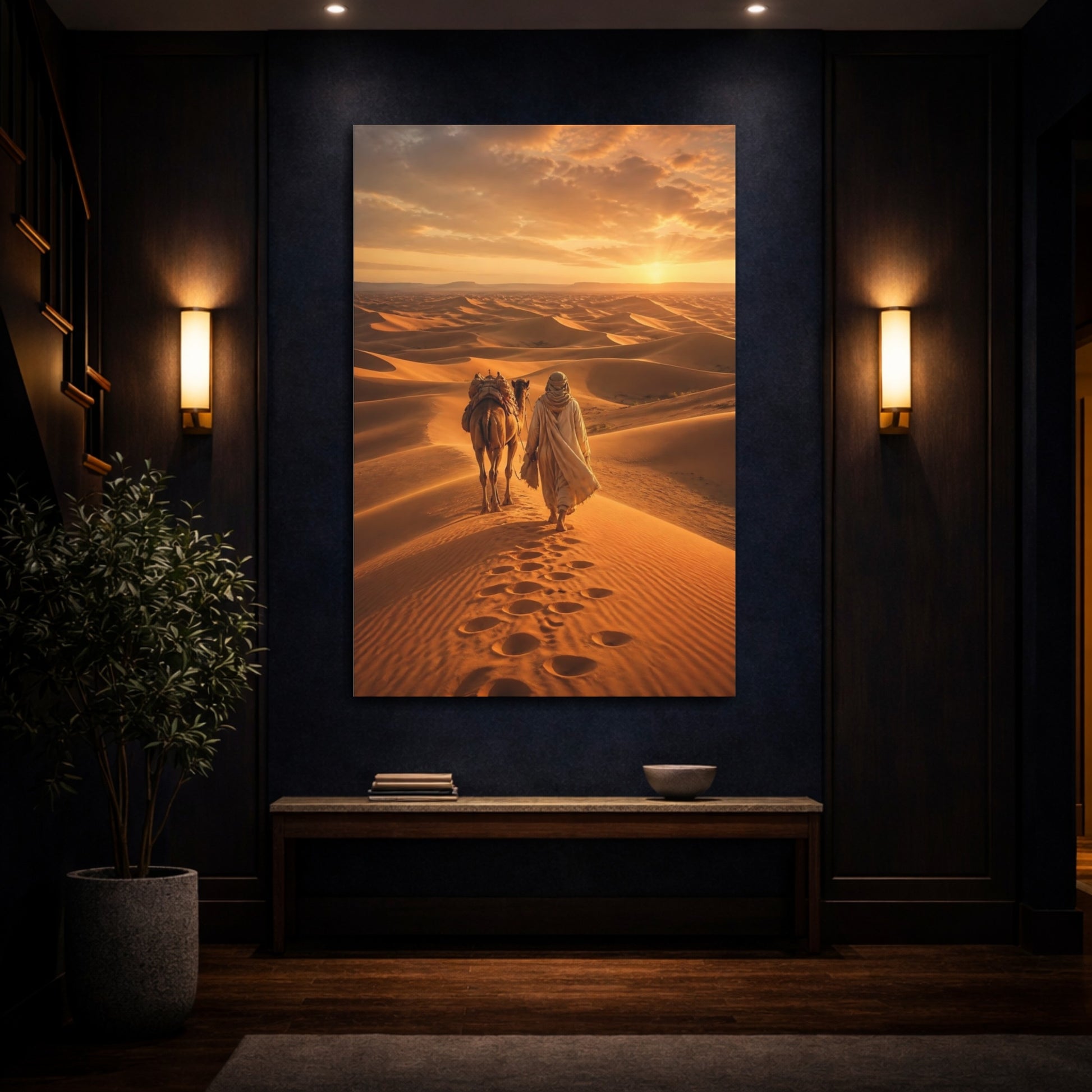 Mockup 4. Nature Desert Traveler Desert Sunset shown as stretched canvas wall art