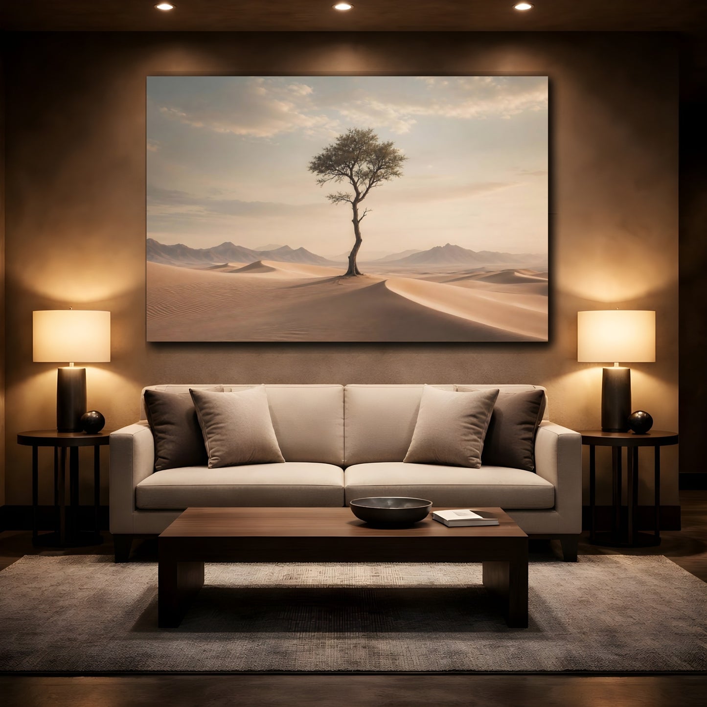Mockup 2. Nature Desert Tree Brown And Beige shown as stretched canvas wall art