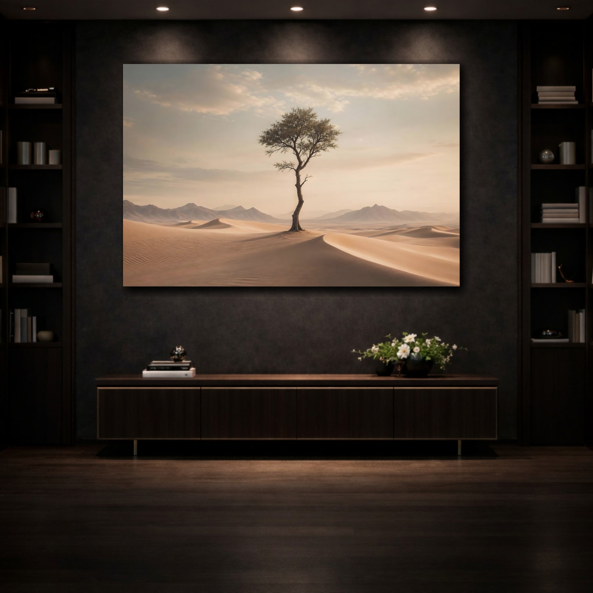 Mockup 3. Nature Desert Tree Brown And Beige shown as stretched canvas wall art