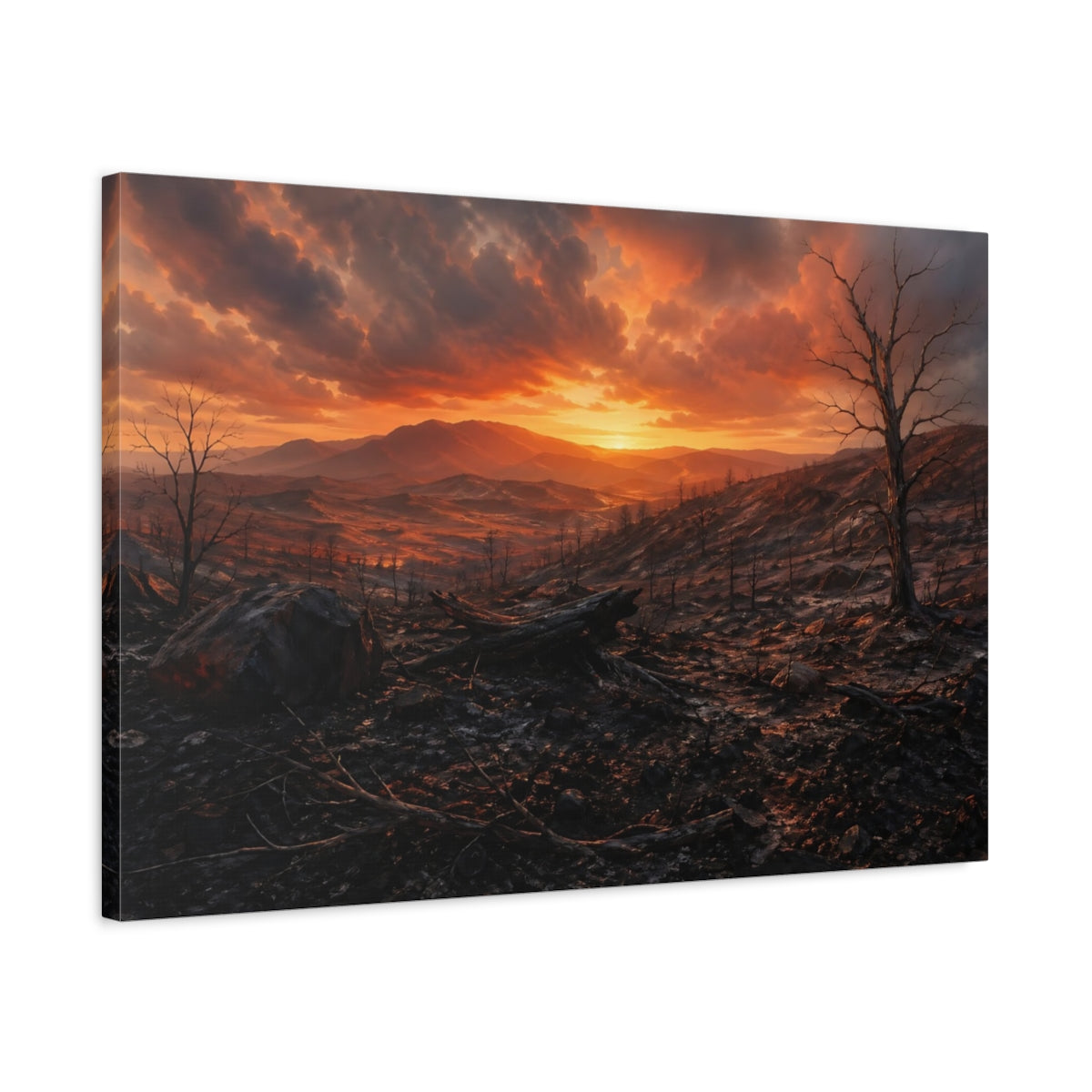 Side Mockup 2. Nature Desolate Landscape Orange And Black shown as stretched canvas wall art