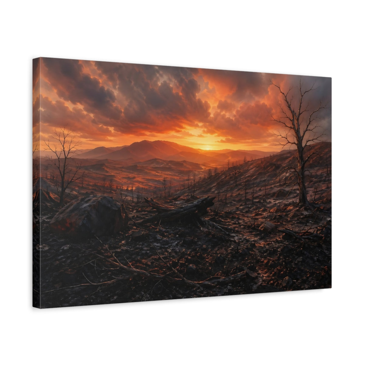 Side Mockup 3. Nature Desolate Landscape Orange And Black shown as stretched canvas wall art