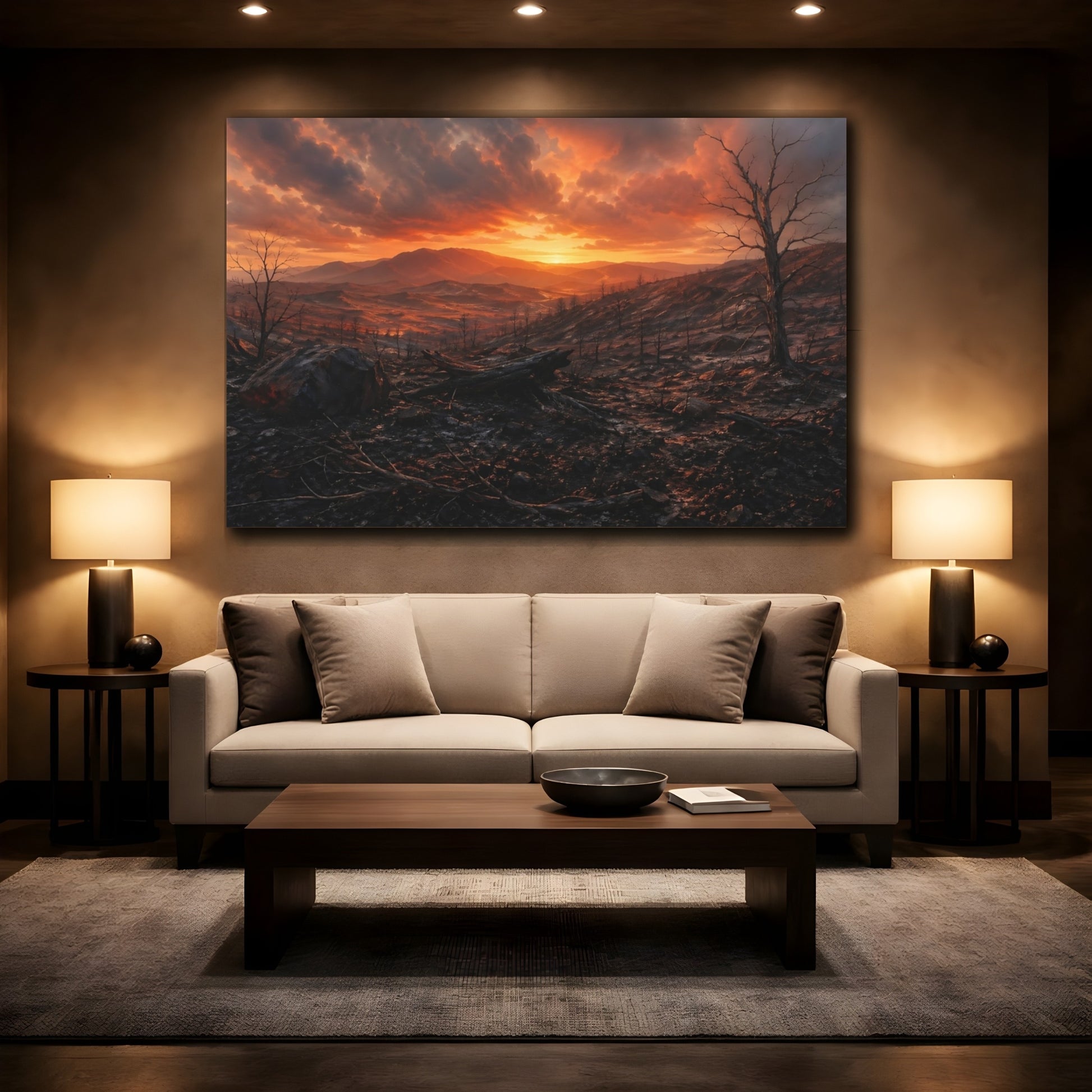 Mockup 2. Nature Desolate Landscape Orange And Black shown as stretched canvas wall art
