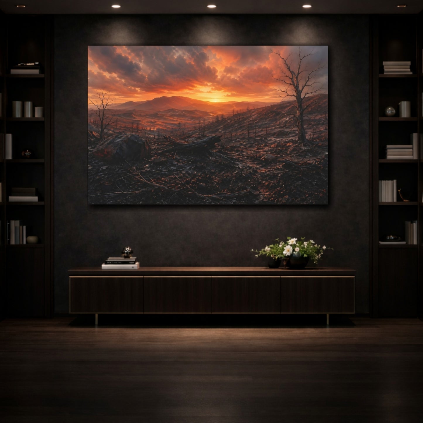 Mockup 3. Nature Desolate Landscape Orange And Black shown as stretched canvas wall art
