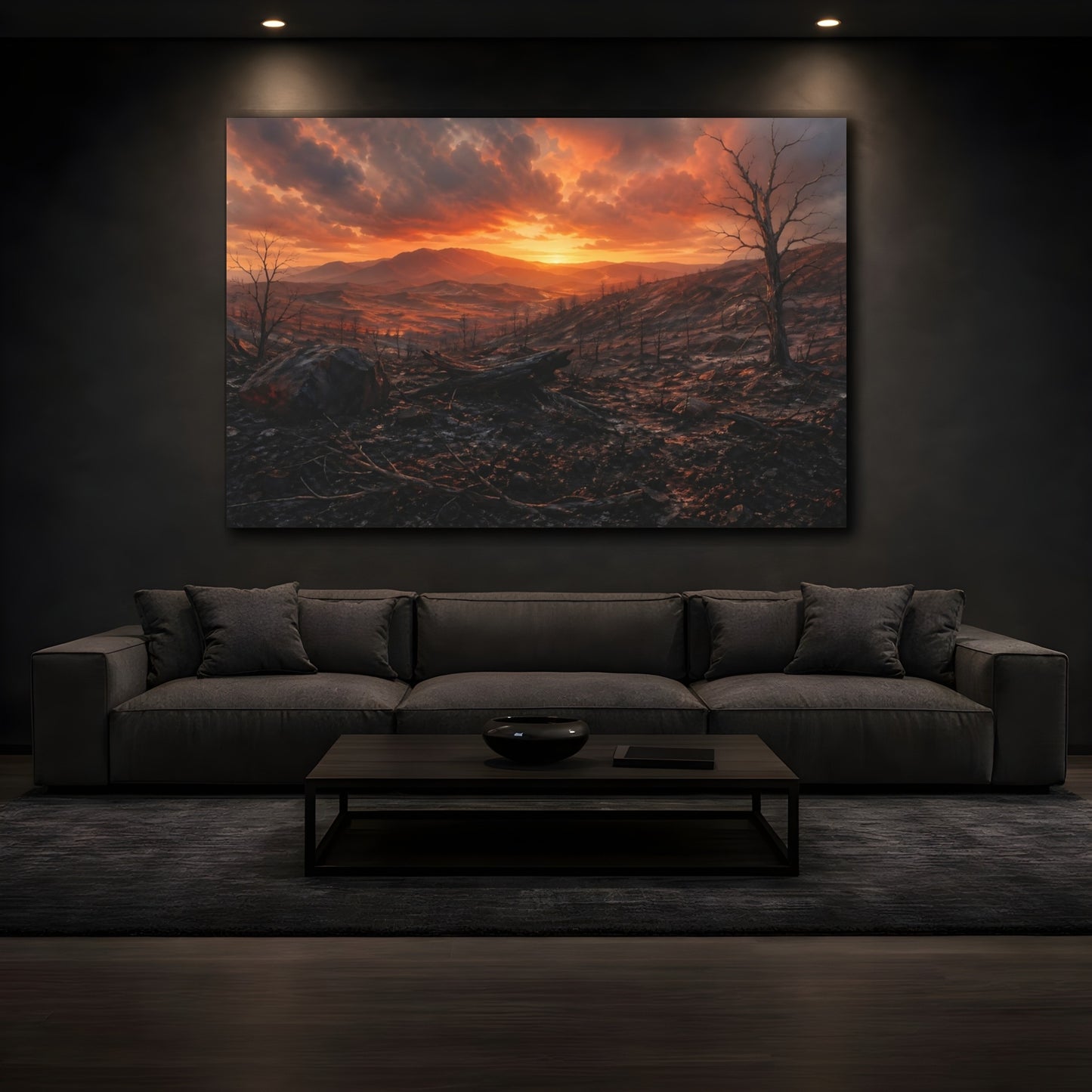 Mockup 4. Nature Desolate Landscape Orange And Black shown as stretched canvas wall art