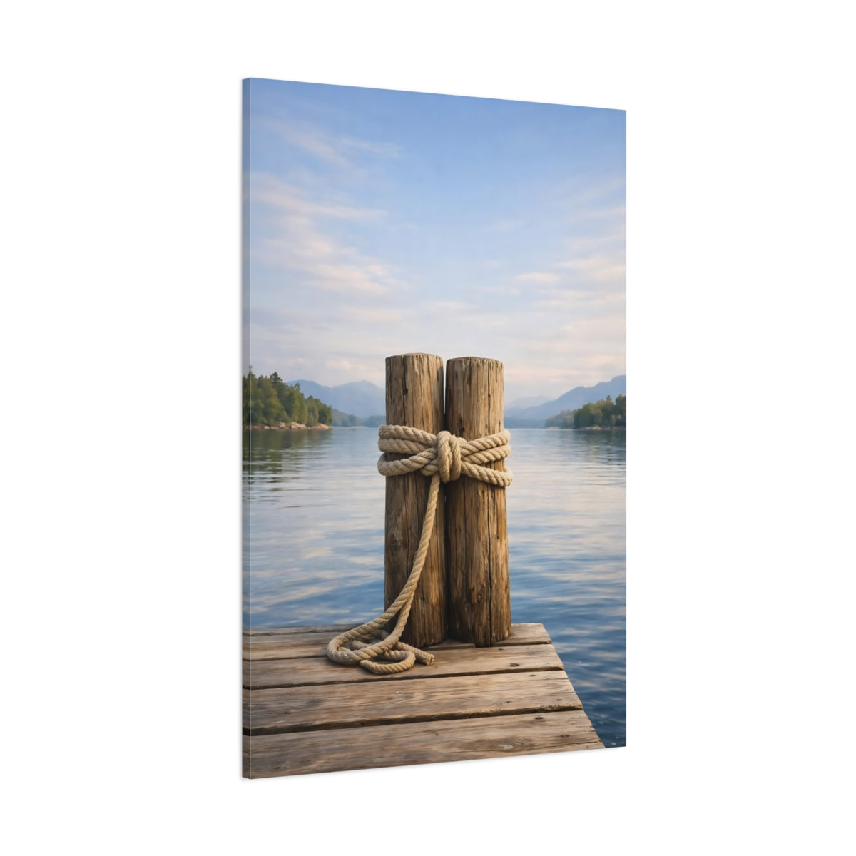 Main Mockup. Nature Dock Posts Wooden Dock Lake shown as stretched canvas wall art