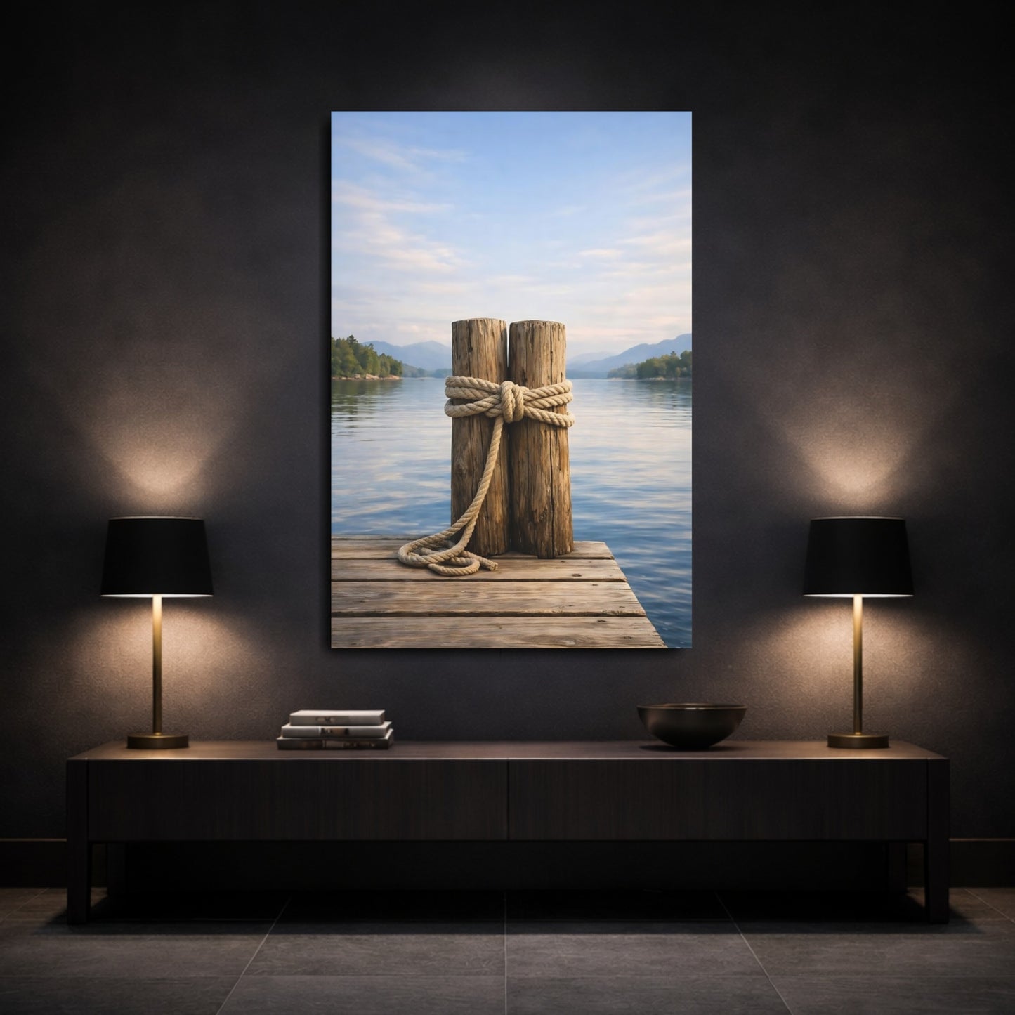 Mockup 2. Nature Dock Posts Wooden Dock Lake shown as stretched canvas wall art