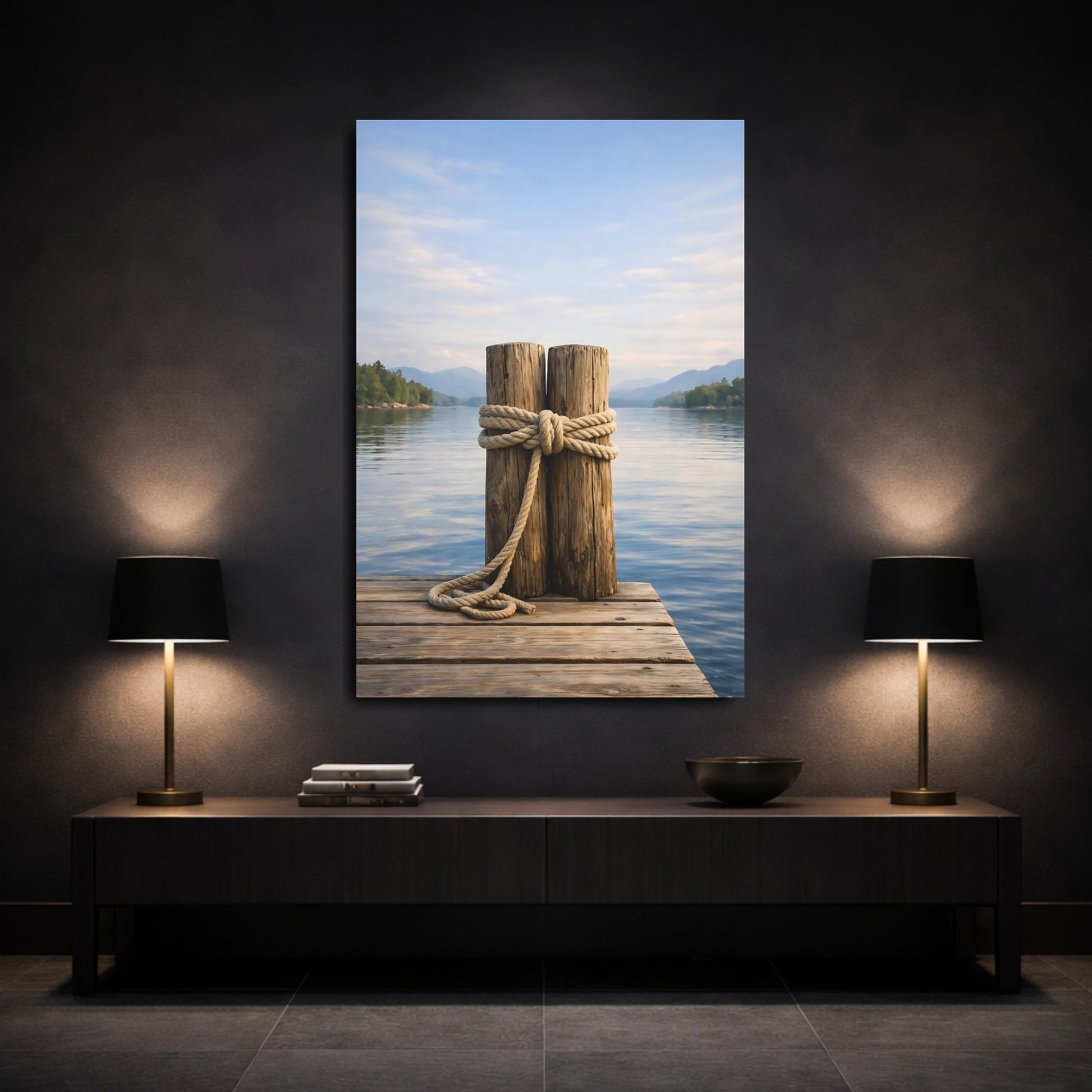 Mockup 2. Nature Dock Posts Wooden Dock Lake shown as stretched canvas wall art