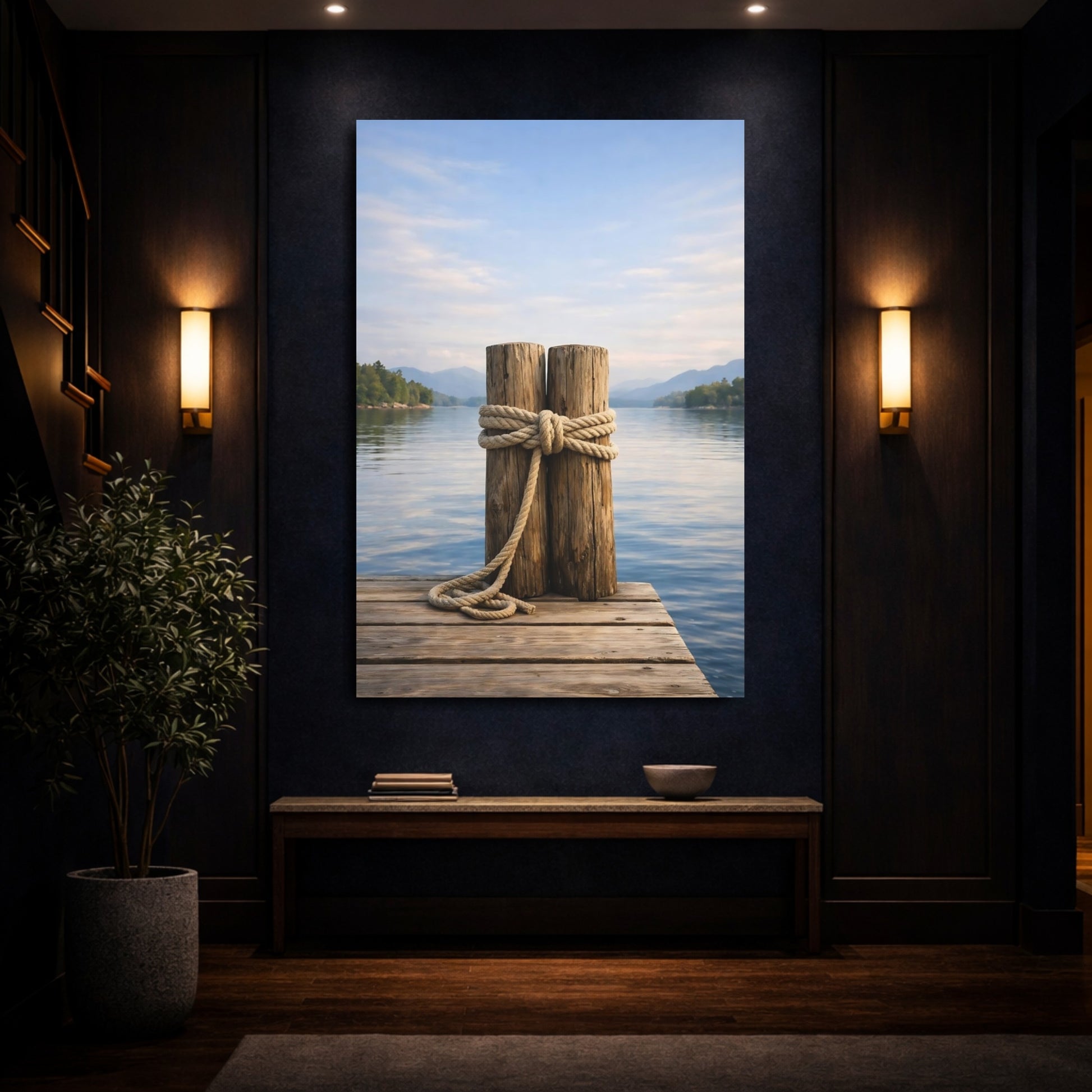 Mockup 3. Nature Dock Posts Wooden Dock Lake shown as stretched canvas wall art
