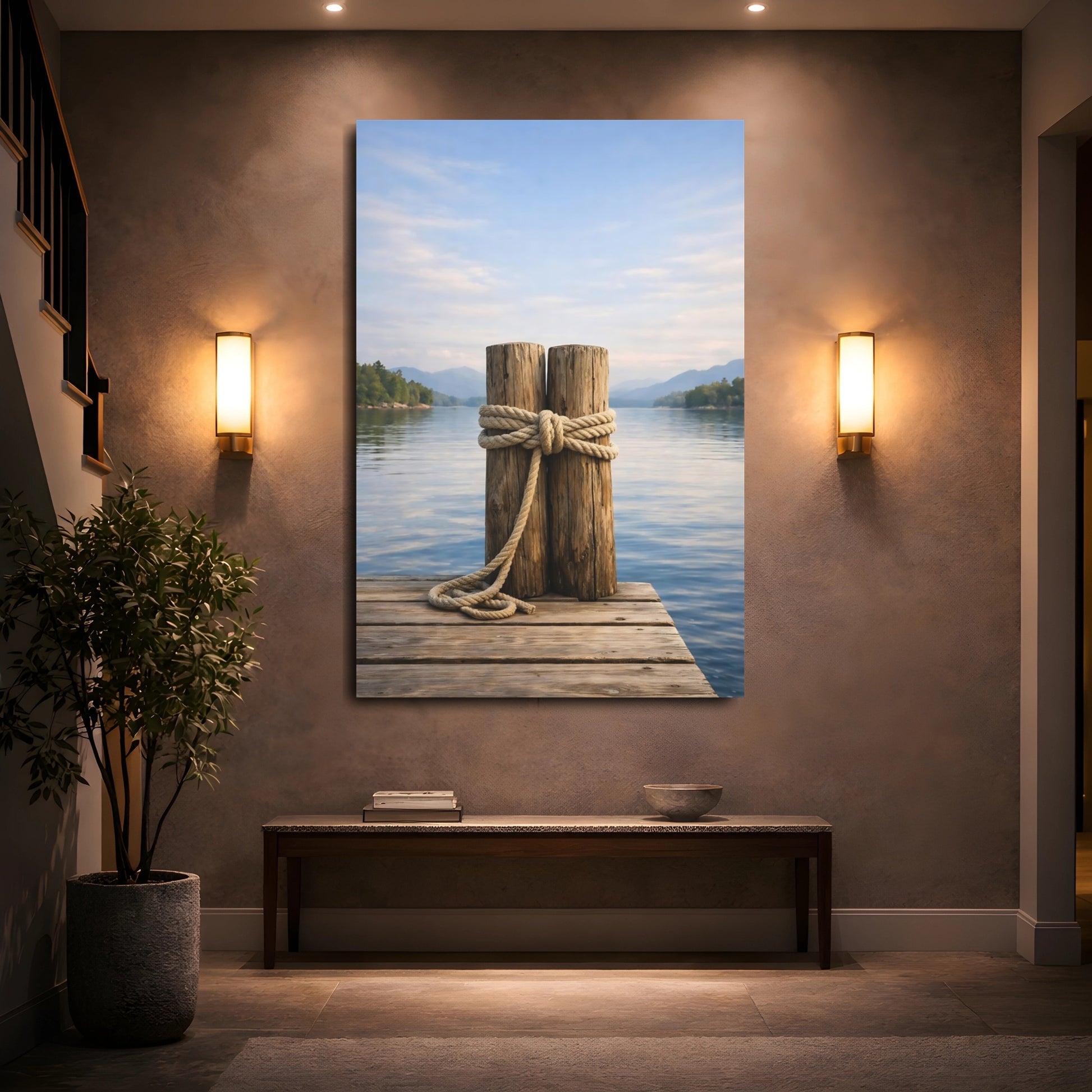 Mockup 4. Nature Dock Posts Wooden Dock Lake shown as stretched canvas wall art