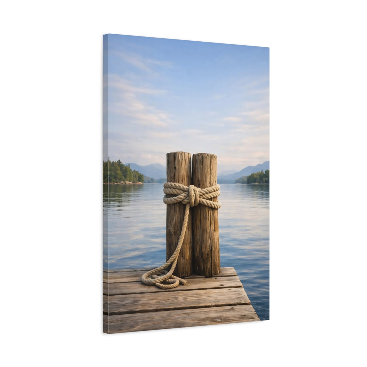 Side Mockup 2. Nature Dock Posts Wooden Dock Lake shown as stretched canvas wall art