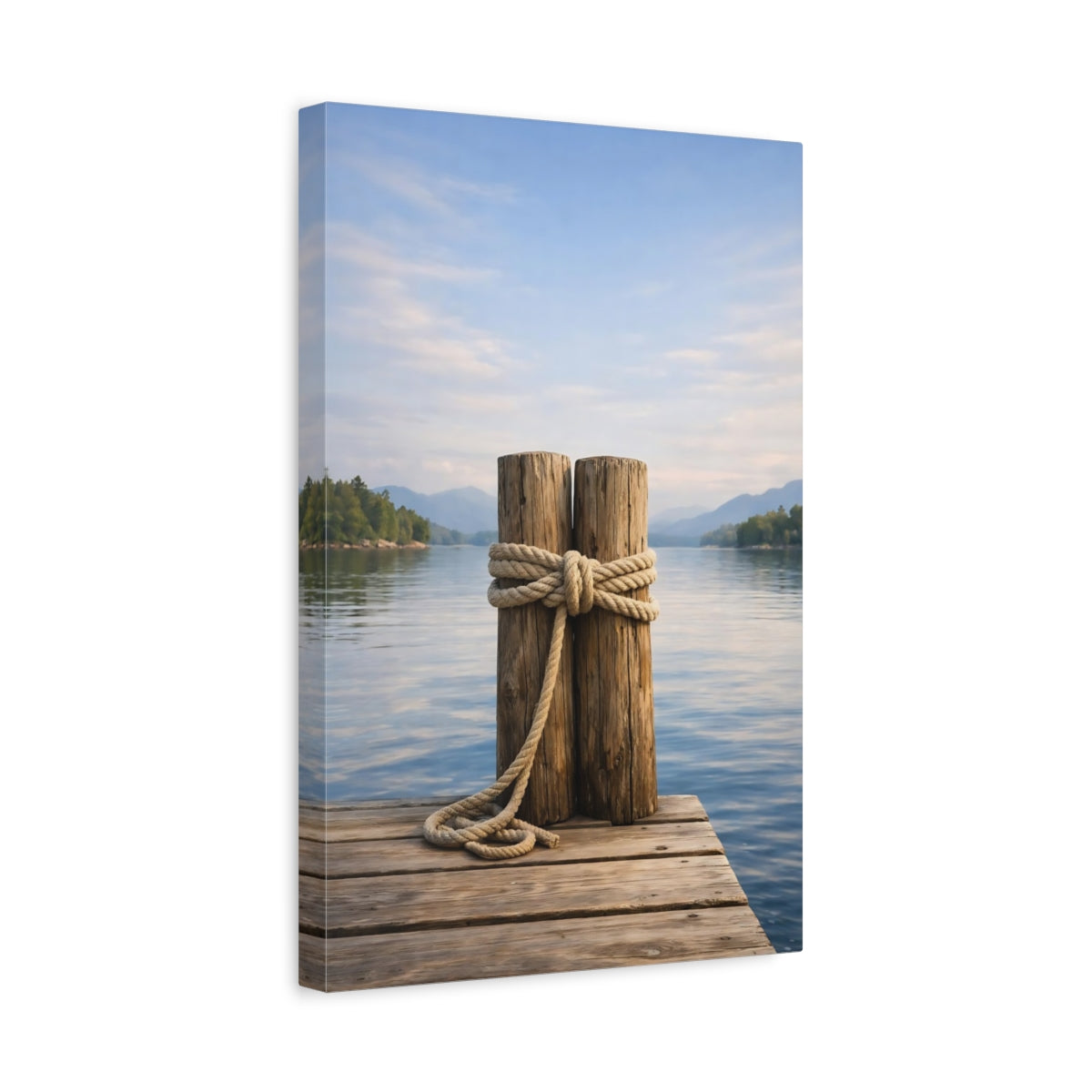 Side Mockup 4. Nature Dock Posts Wooden Dock Lake shown as stretched canvas wall art