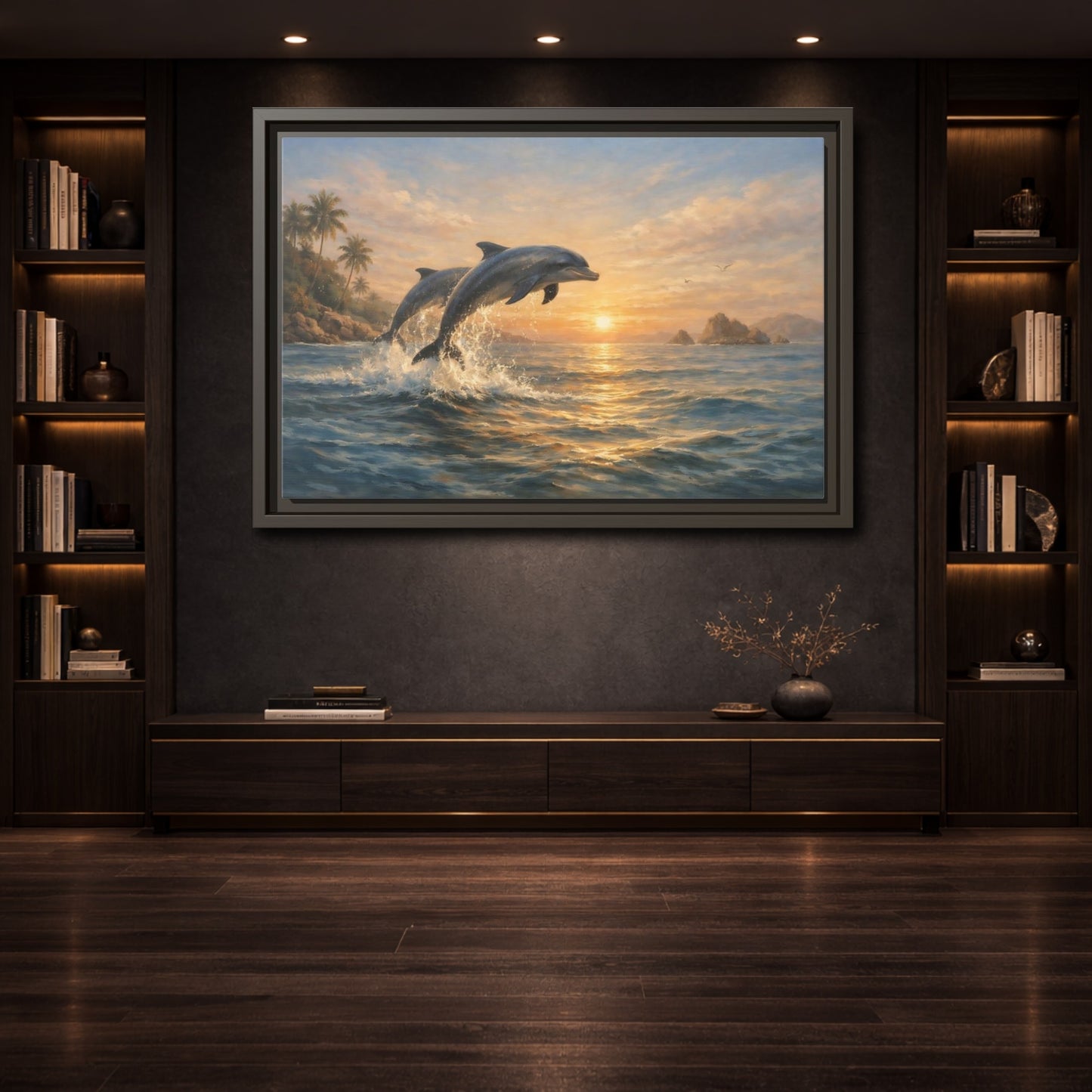Mockup 3. Nature Dolphins Dolphin Sunset shown as stretched canvas wall art