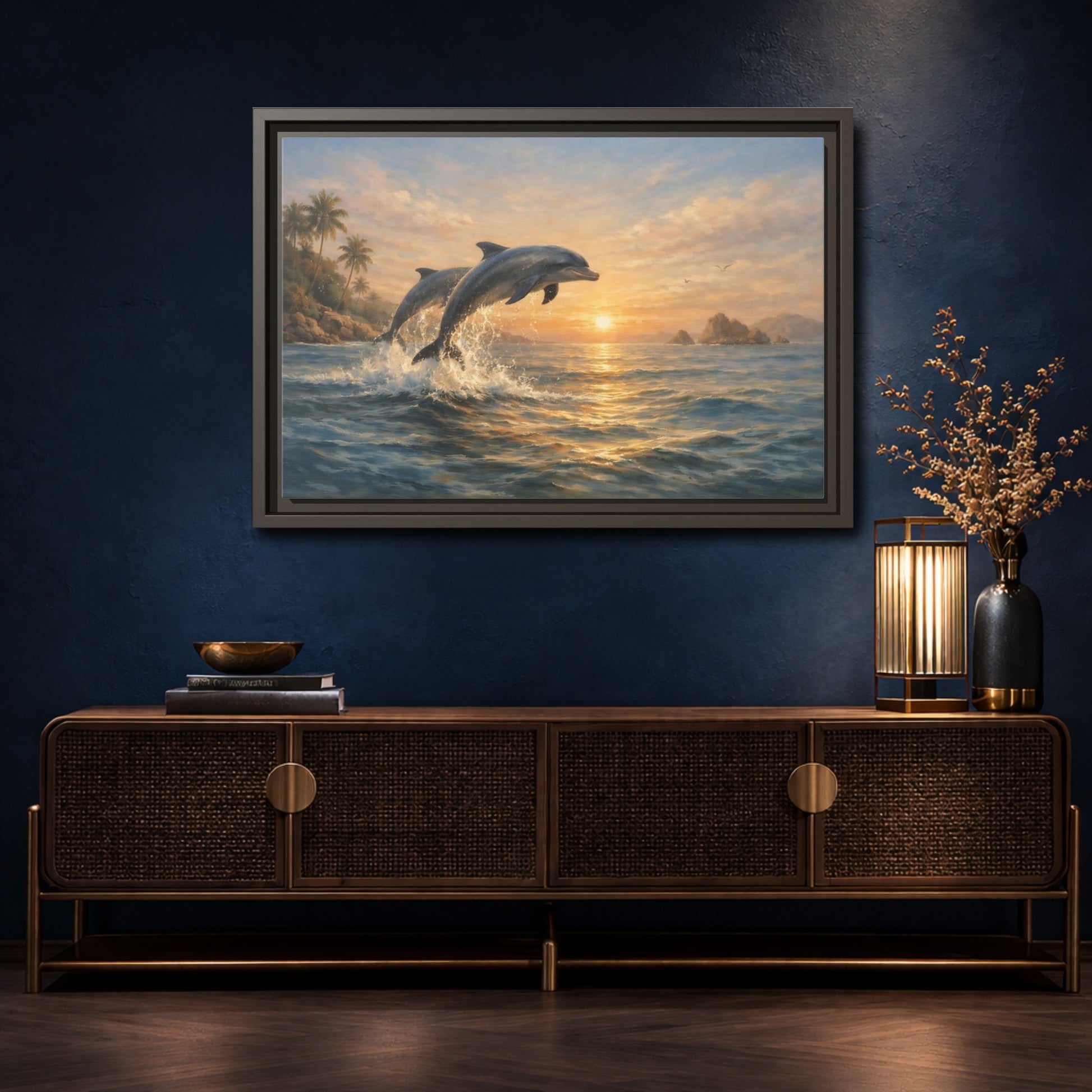 Mockup 4. Nature Dolphins Dolphin Sunset shown as stretched canvas wall art