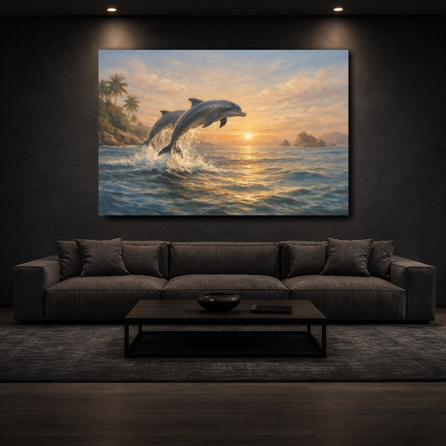Mockup 2. Nature Dolphins Dolphins Ocean Sunset shown as stretched canvas wall art