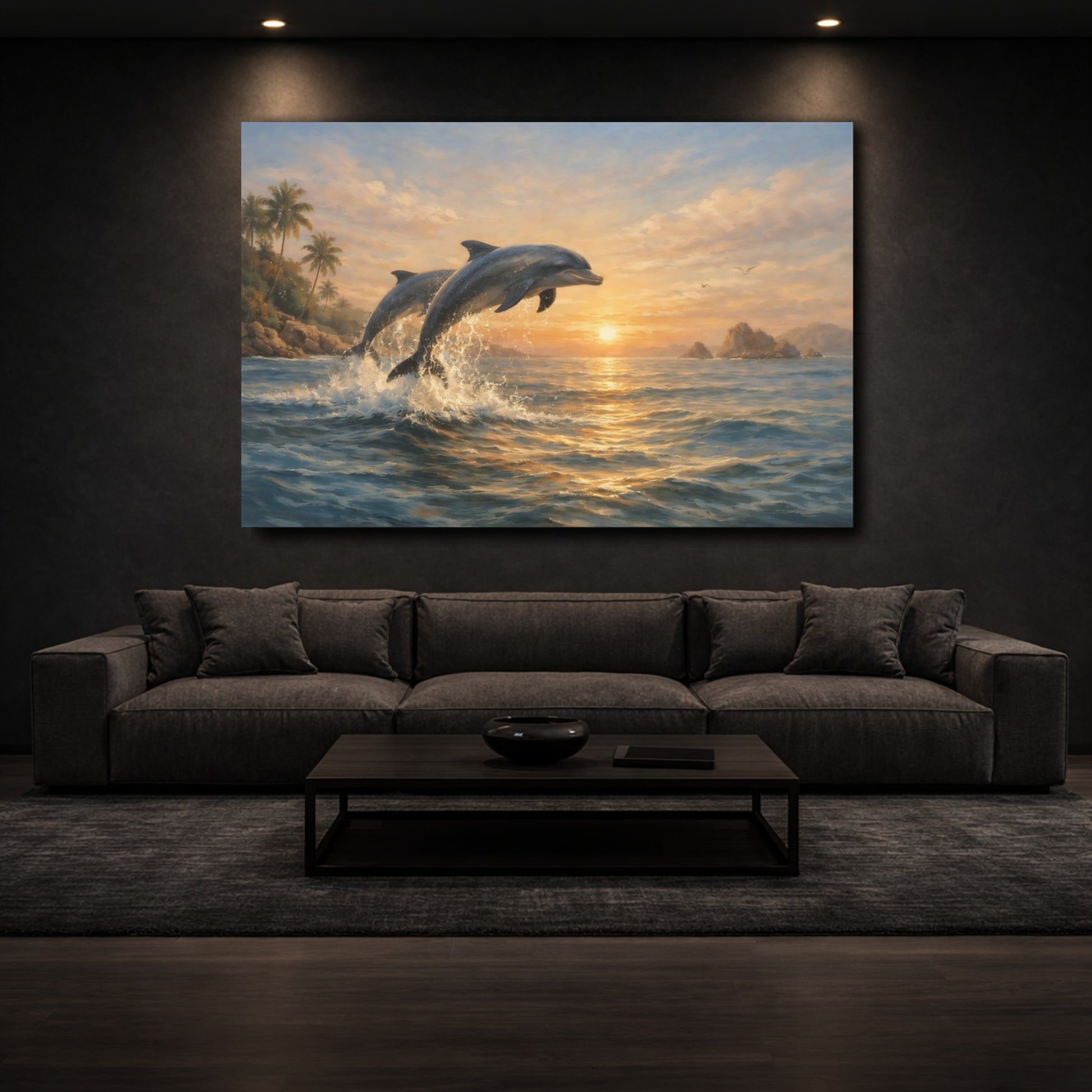 Mockup 2. Nature Dolphins Dolphins Ocean Sunset shown as stretched canvas wall art