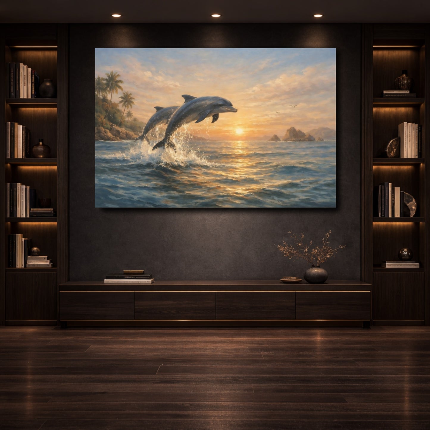 Mockup 3. Nature Dolphins Dolphins Ocean Sunset shown as stretched canvas wall art