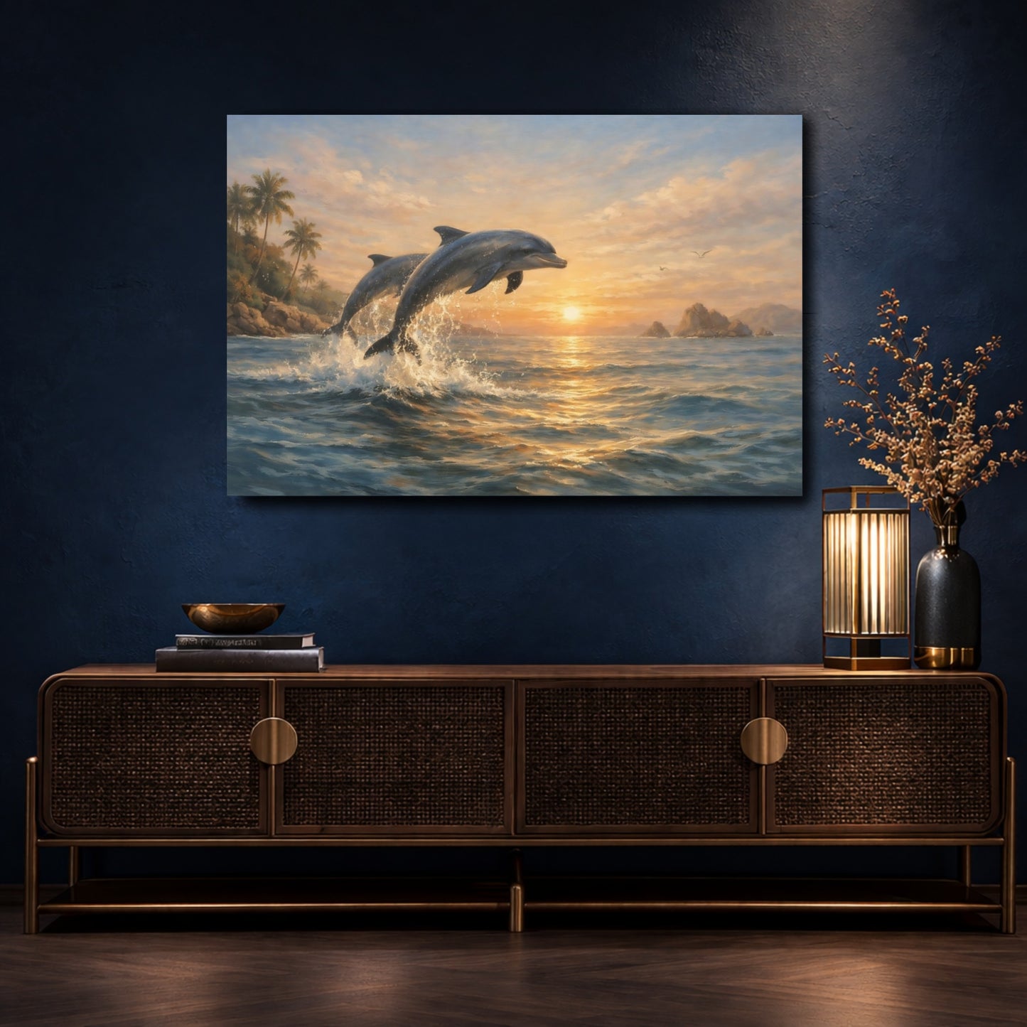 Mockup 4. Nature Dolphins Dolphins Ocean Sunset shown as stretched canvas wall art