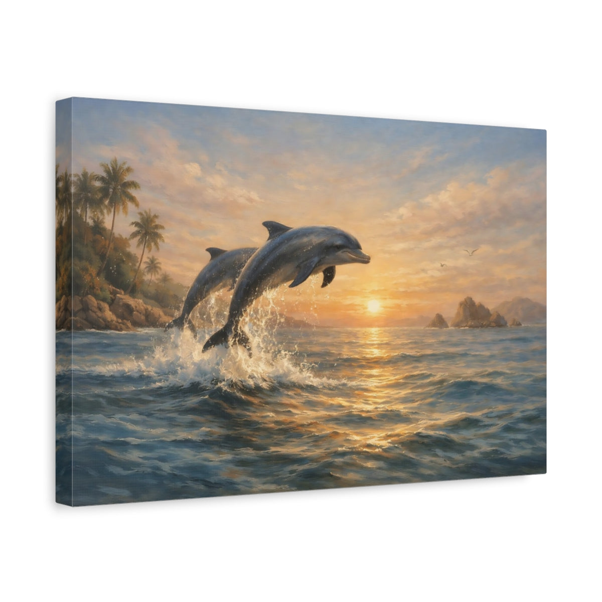 Side Mockup 4. Nature Dolphins Dolphins Ocean Sunset shown as stretched canvas wall art