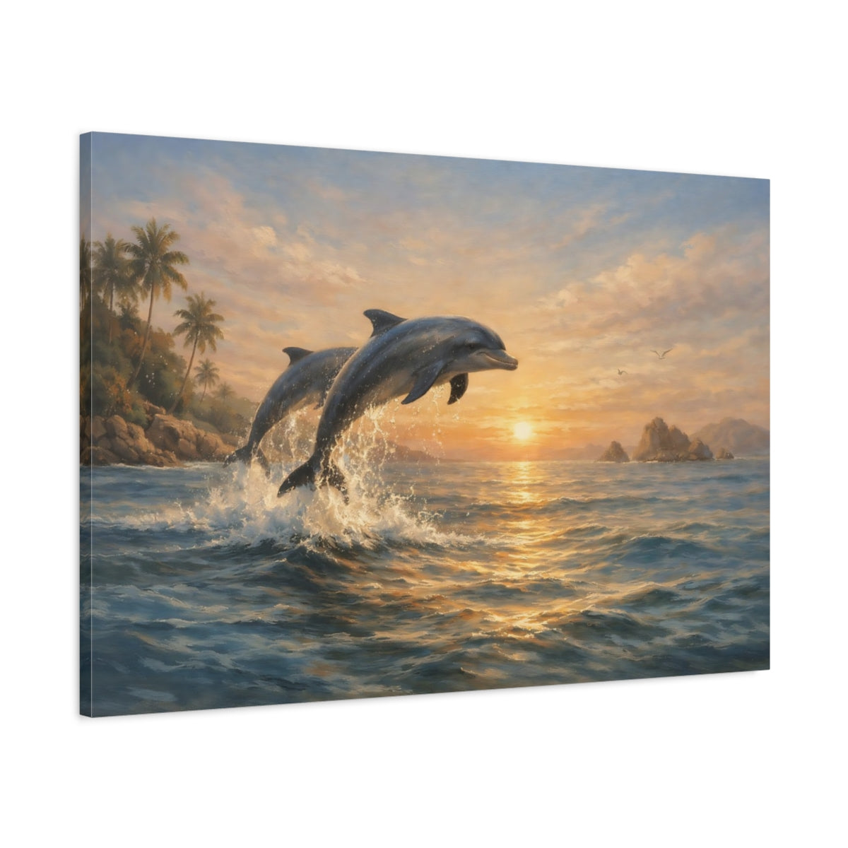 Side Mockup 1. Nature Dolphins Dolphins Ocean Sunset shown as stretched canvas wall art